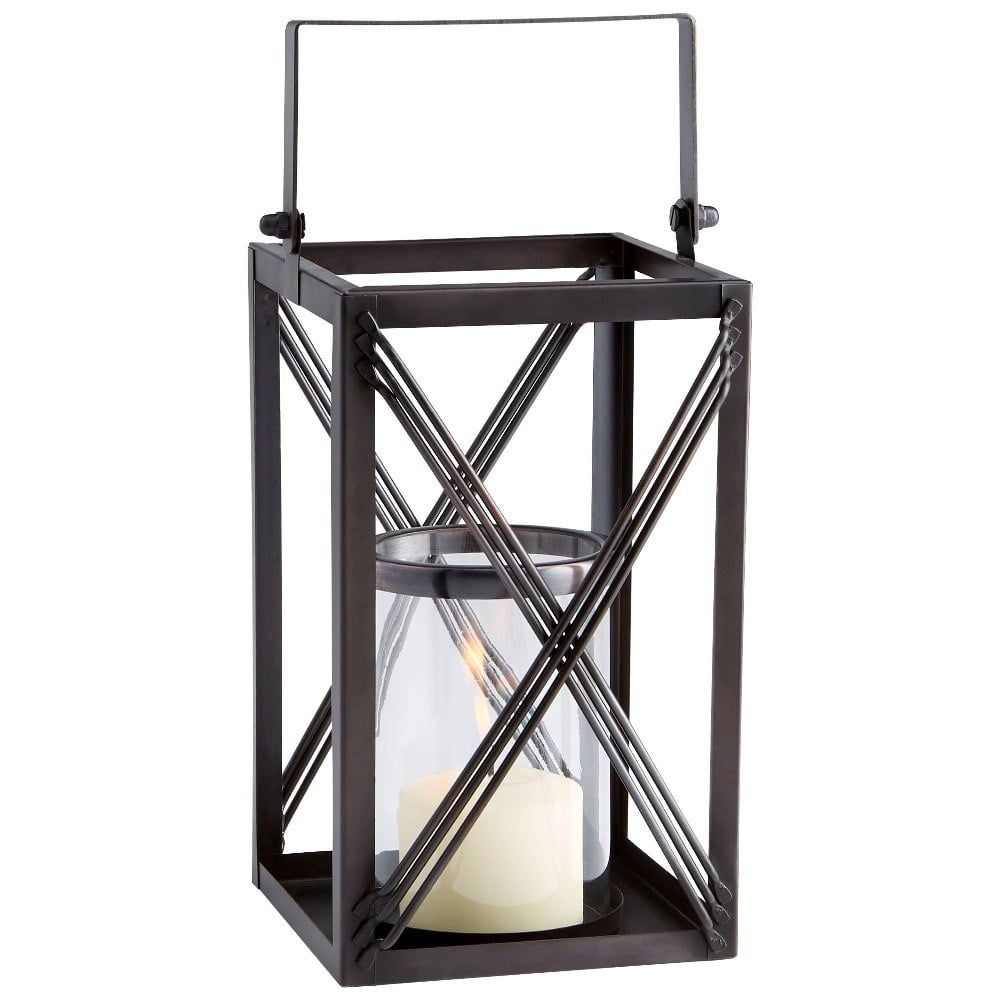 Contemporary Gold Iron & Glass Candle Lantern, 14.25" High