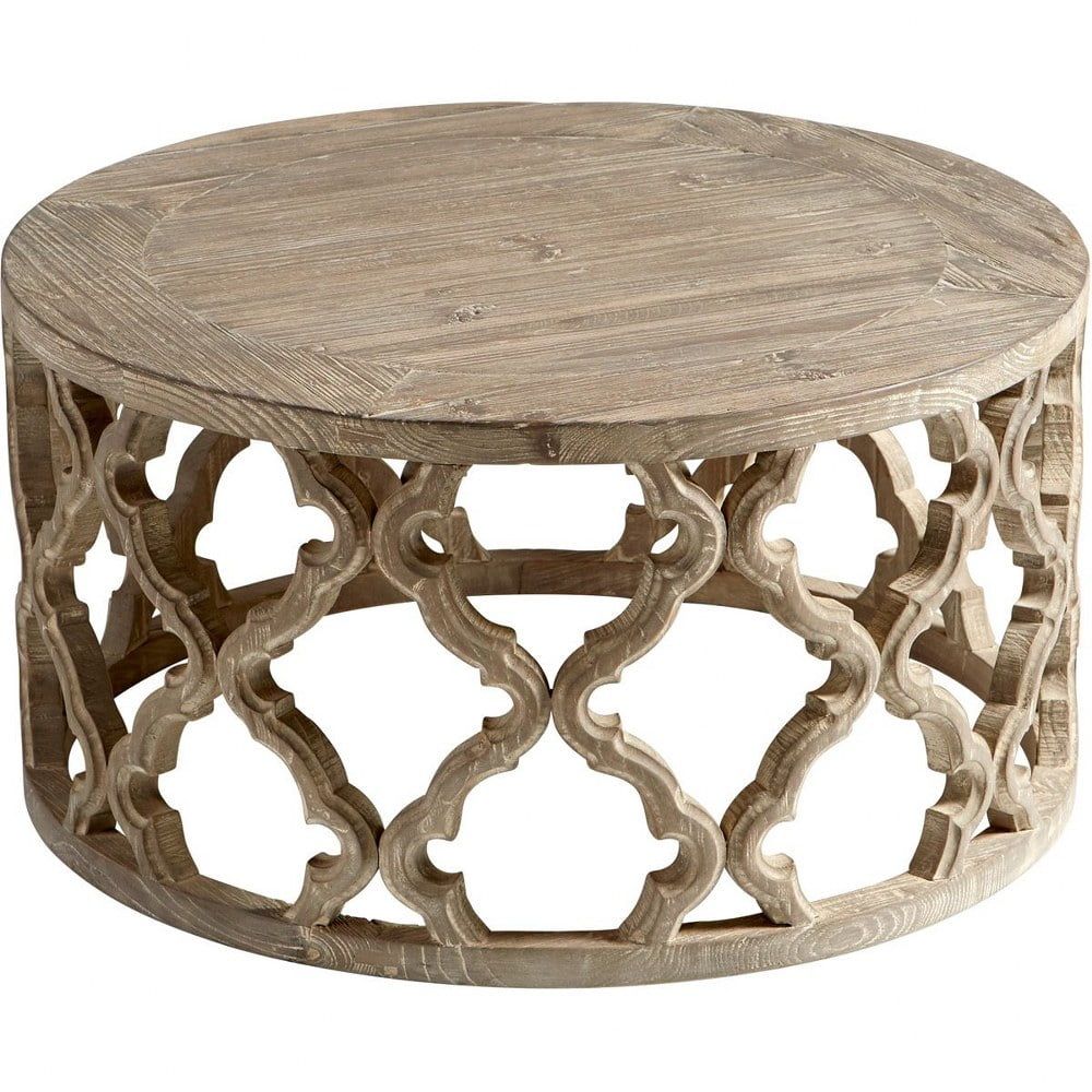 Sirah Quatrefoil 30'' Round Weathered Pine Outdoor Coffee Table