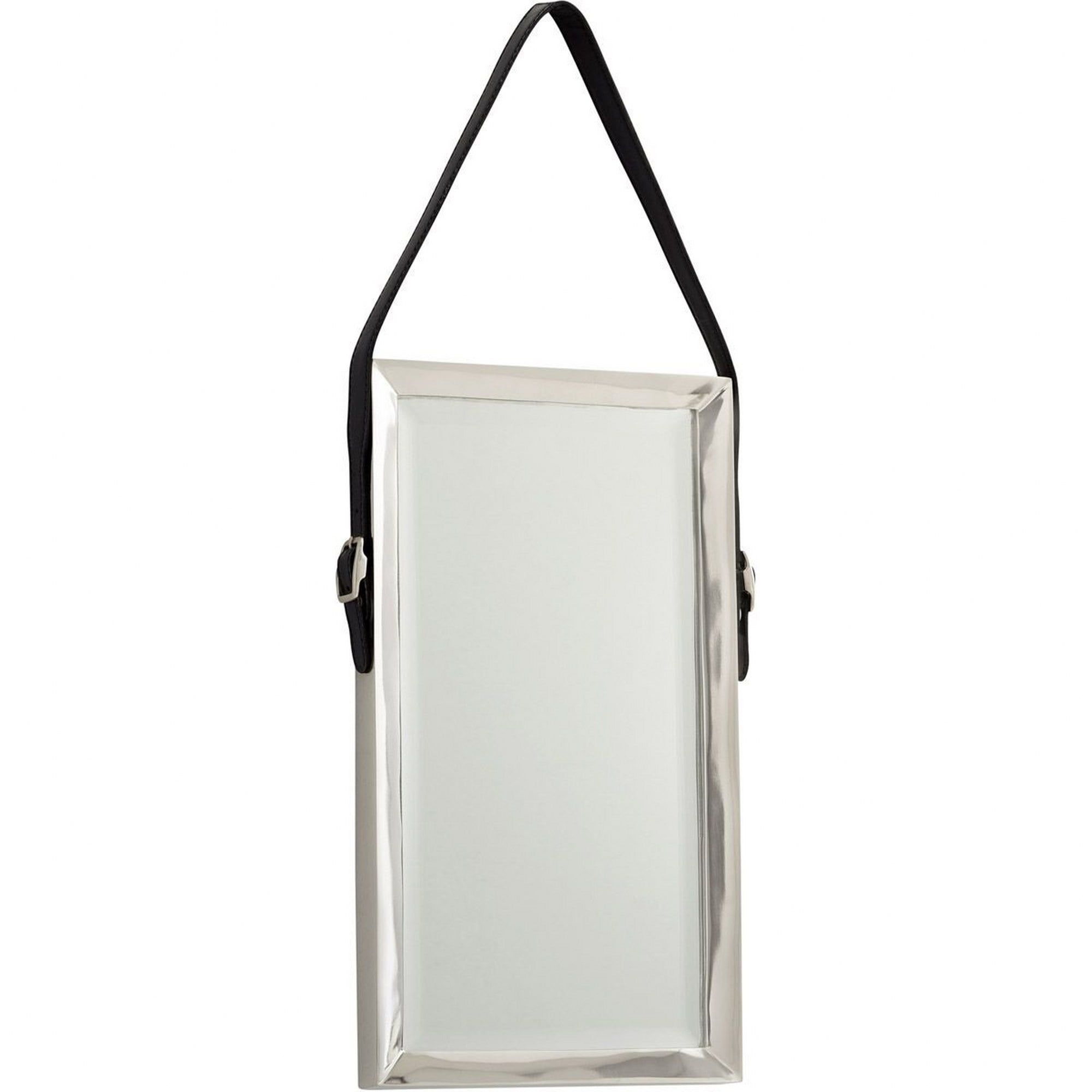 Rectangular Silver Metal Wall Mirror with Leather Strap