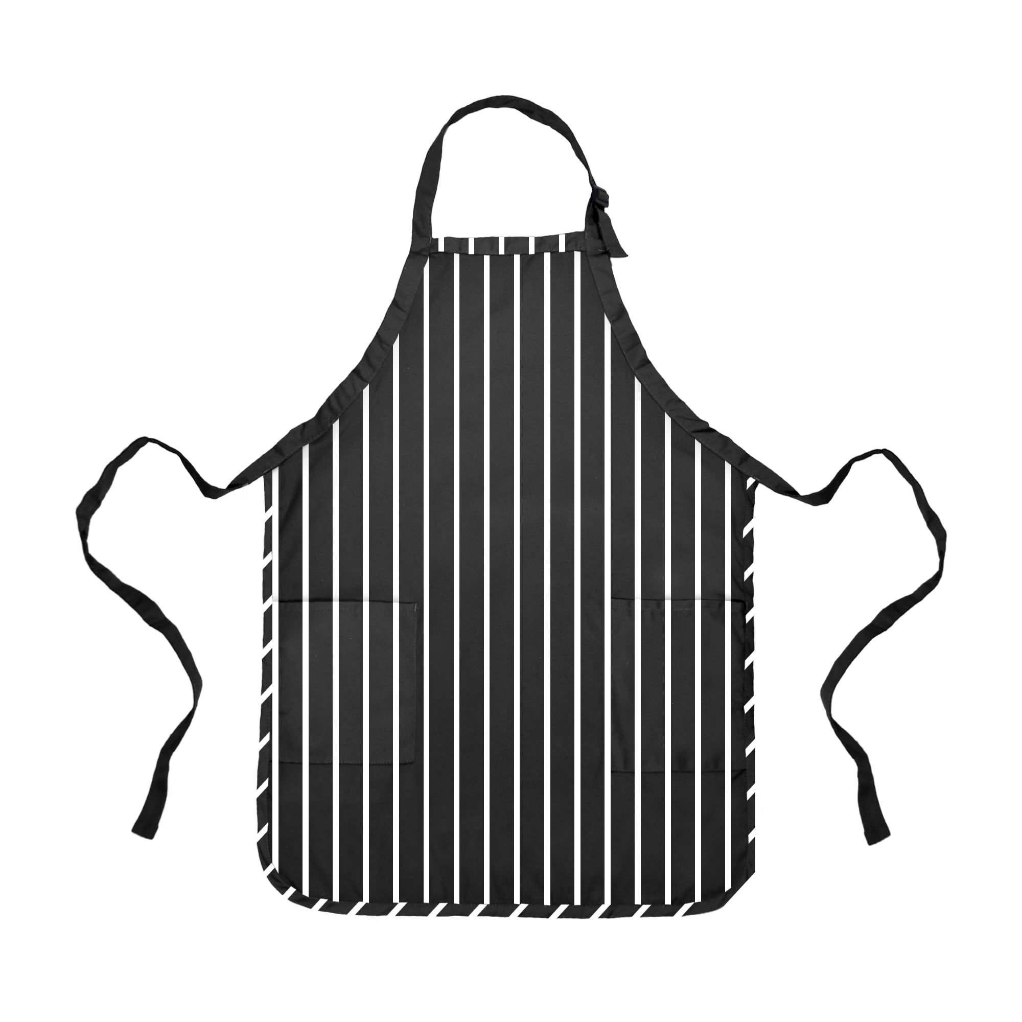 Striped Black Poly Cotton Kitchen Apron with Pockets