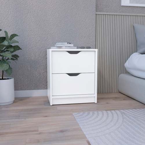 Houma Sleek White Particle Board Double Drawer Nightstand