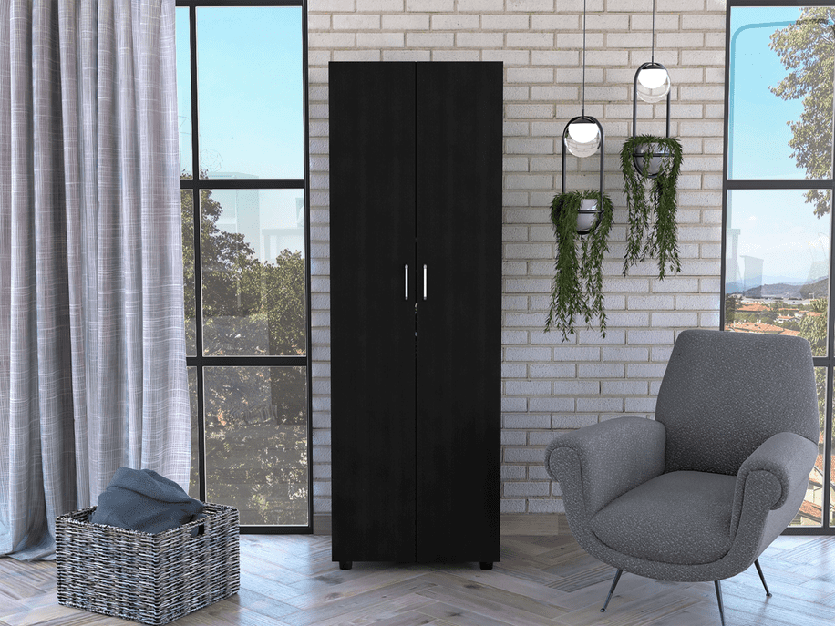 Black Engineered Wood Double Door Armoire with Shelves and Rod