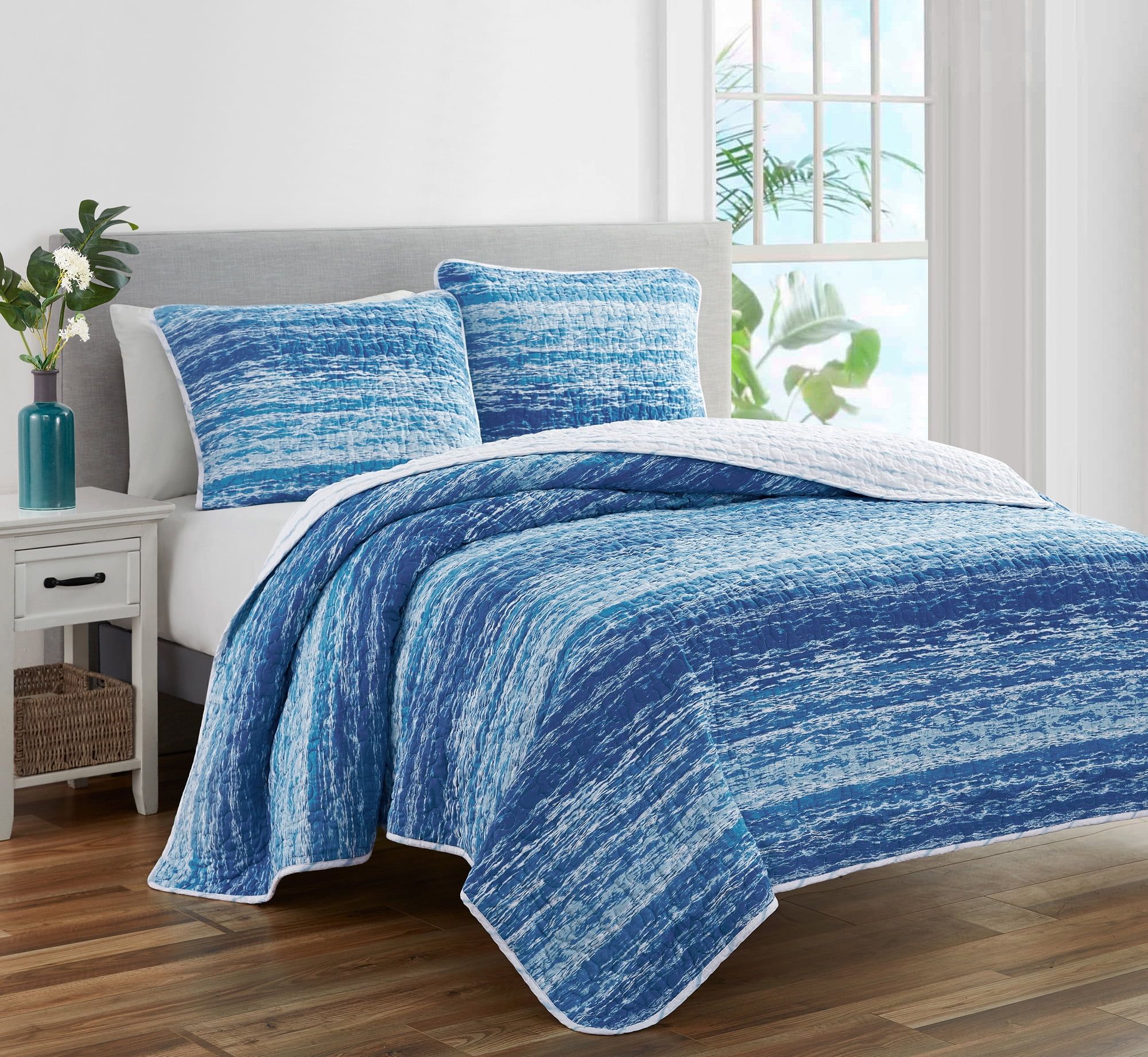 Ocean Stripe Blue Cotton Twin Quilt Bedding Set