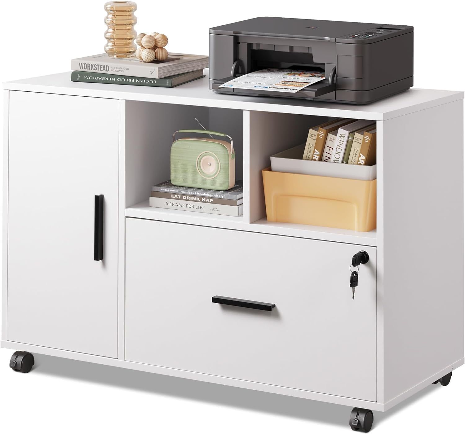 White Wood Office File Cabinet with Lock and Shelves