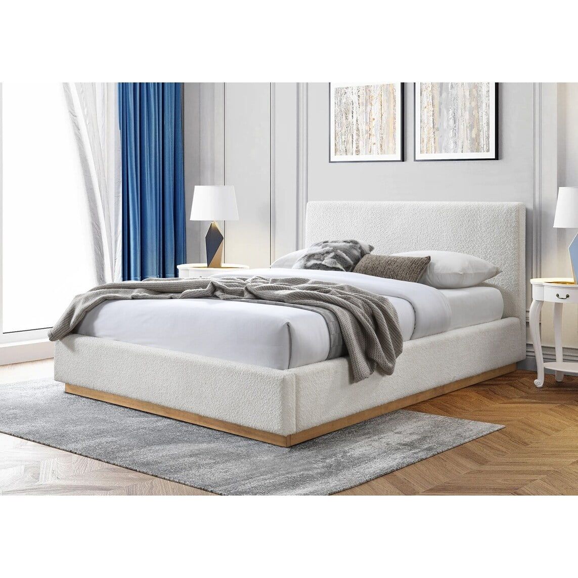 Cream Boucle Upholstered Queen Wood Platform Bed with Slats