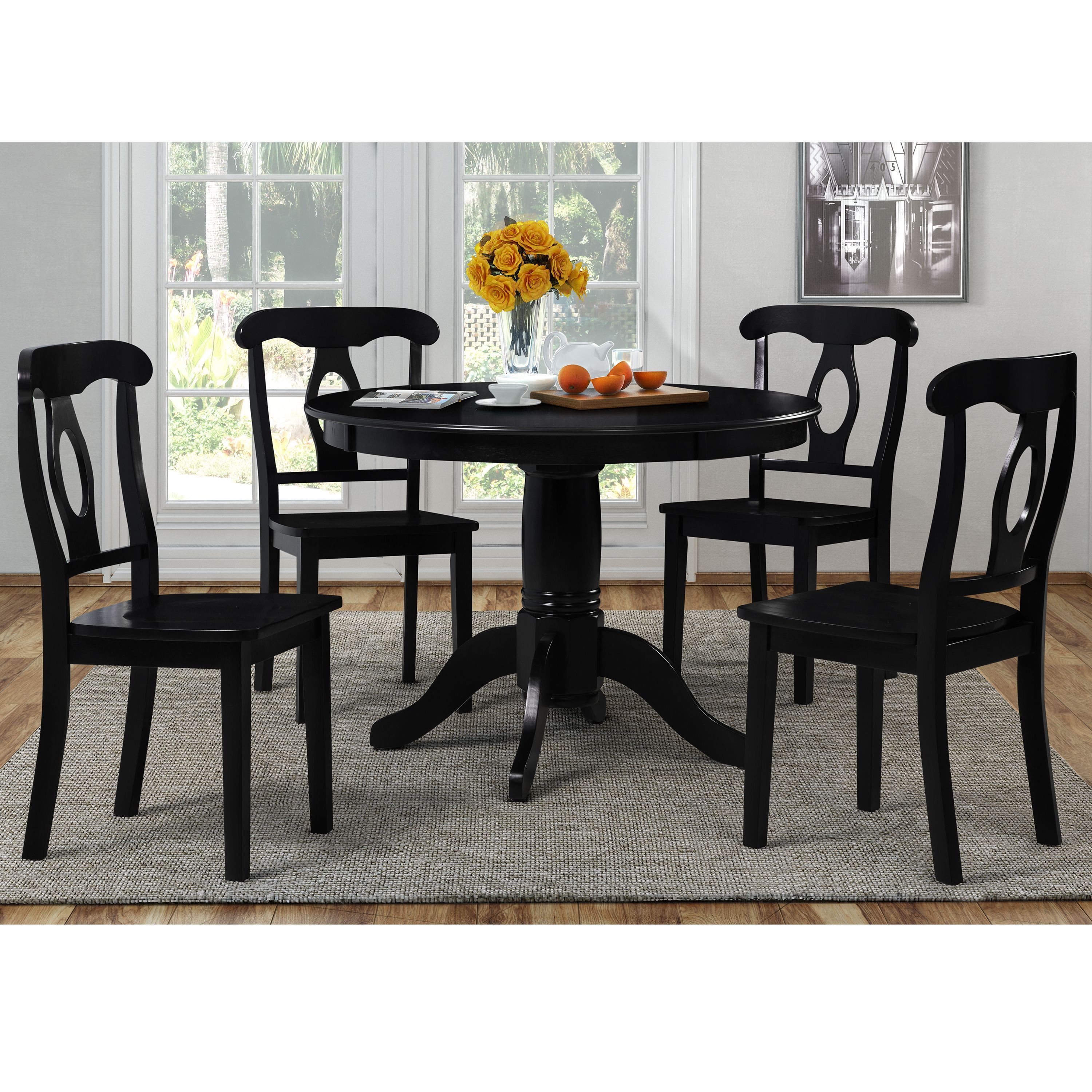 Black Round Pedestal Dining Table Set with 4 Chairs