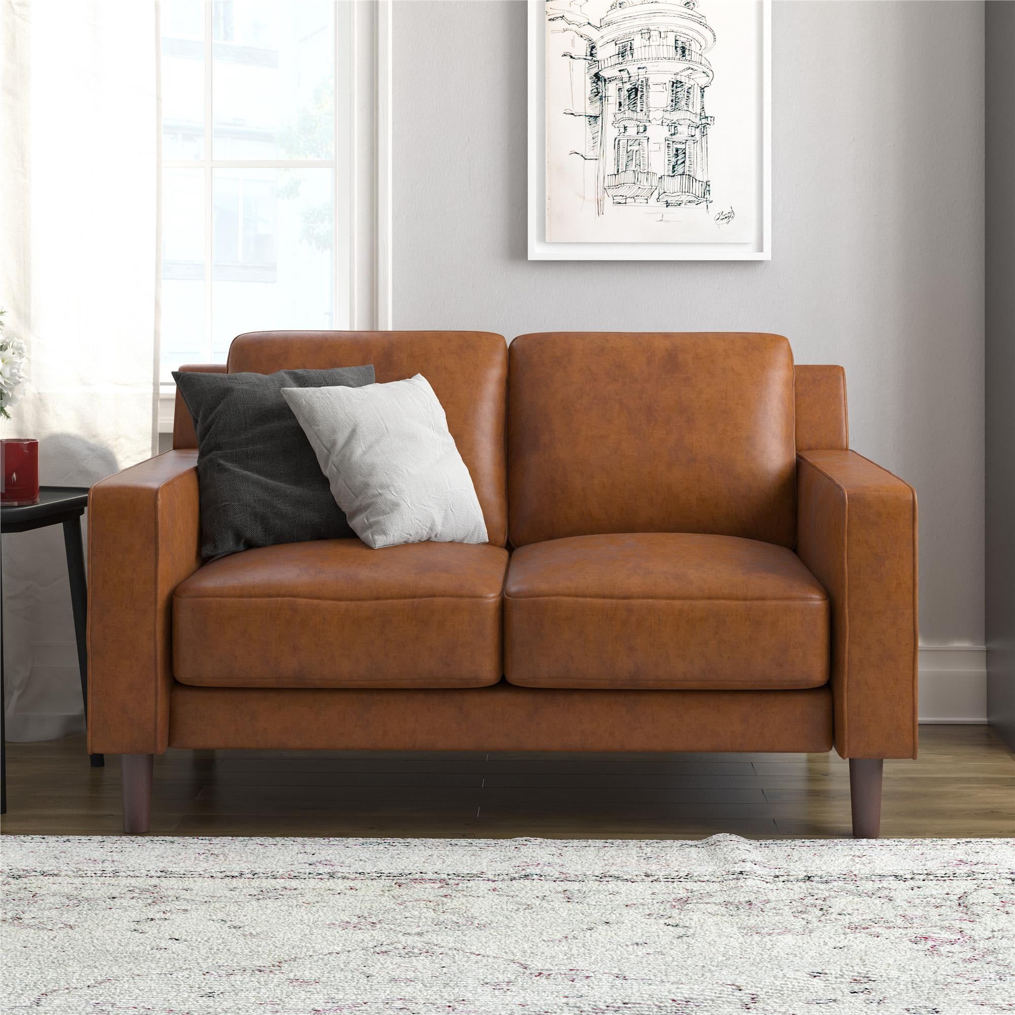 Camel Faux Leather 2-Seater Loveseat with Wood Legs