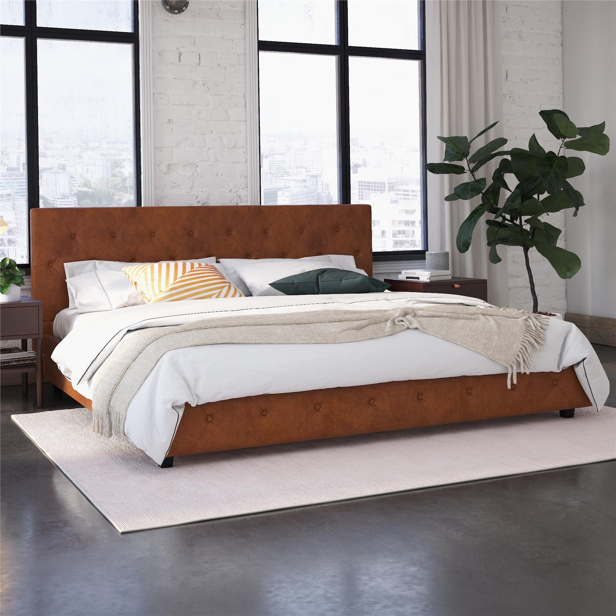 Camel Faux Leather King Platform Bed with Tufted Headboard