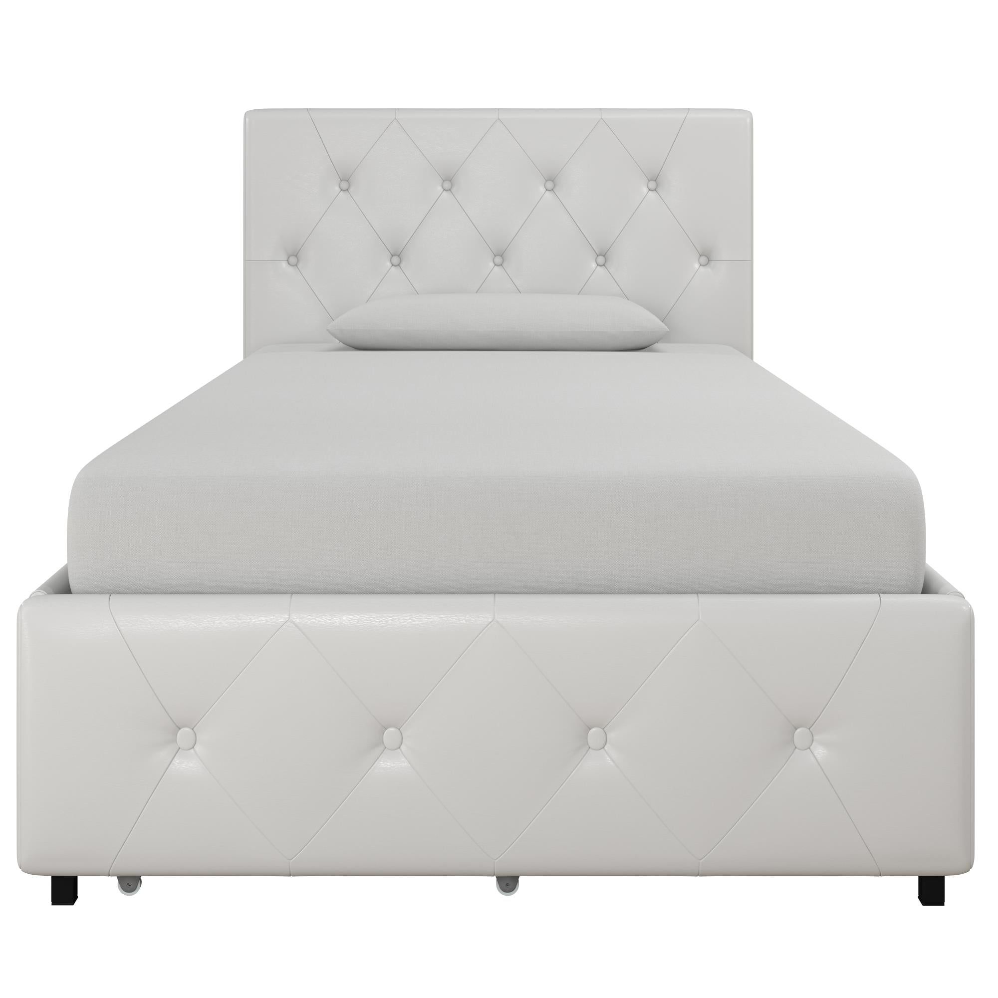 Twin White Upholstered Platform Bed with Storage Drawers