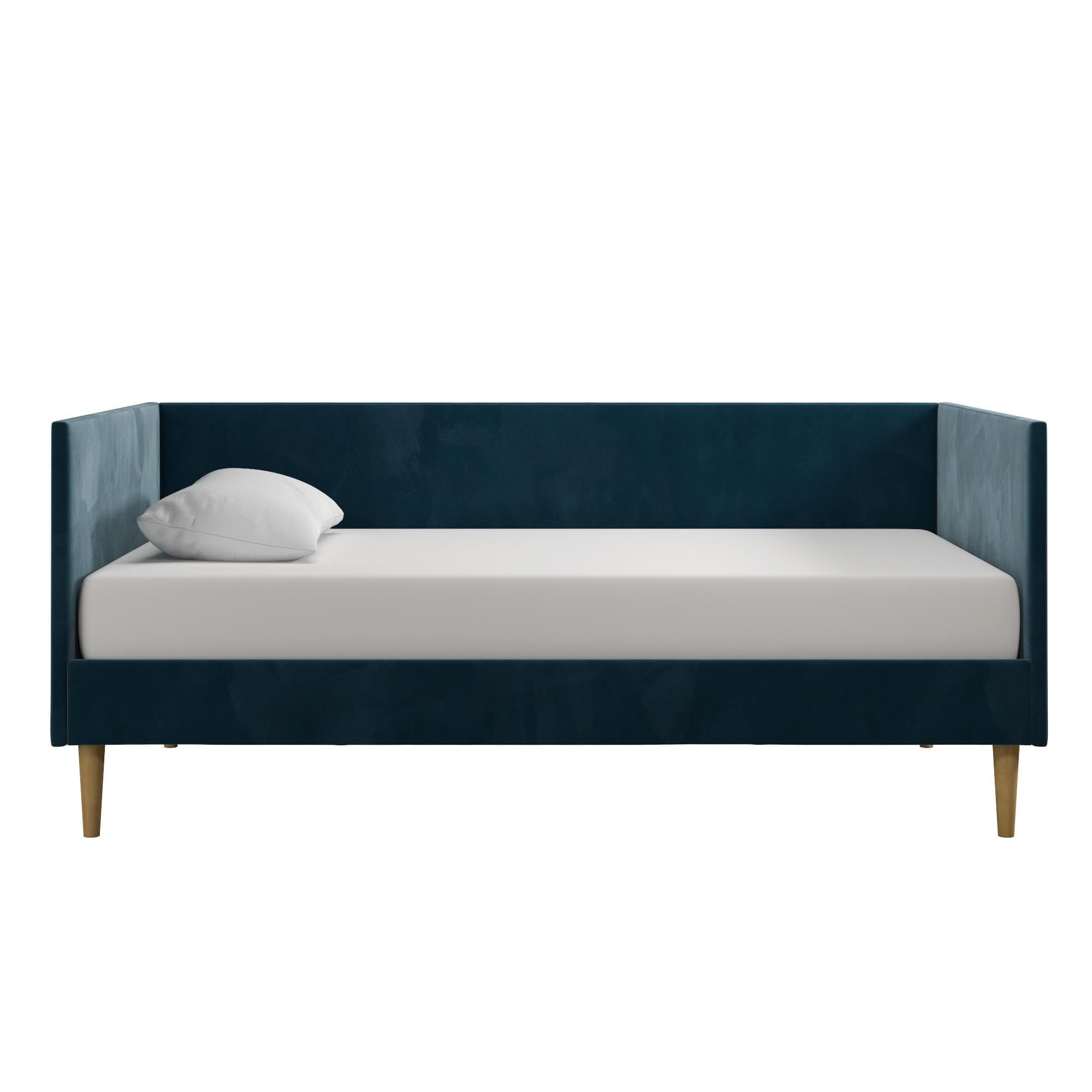 Twin Blue Velvet Upholstered Daybed with Wooden Slats