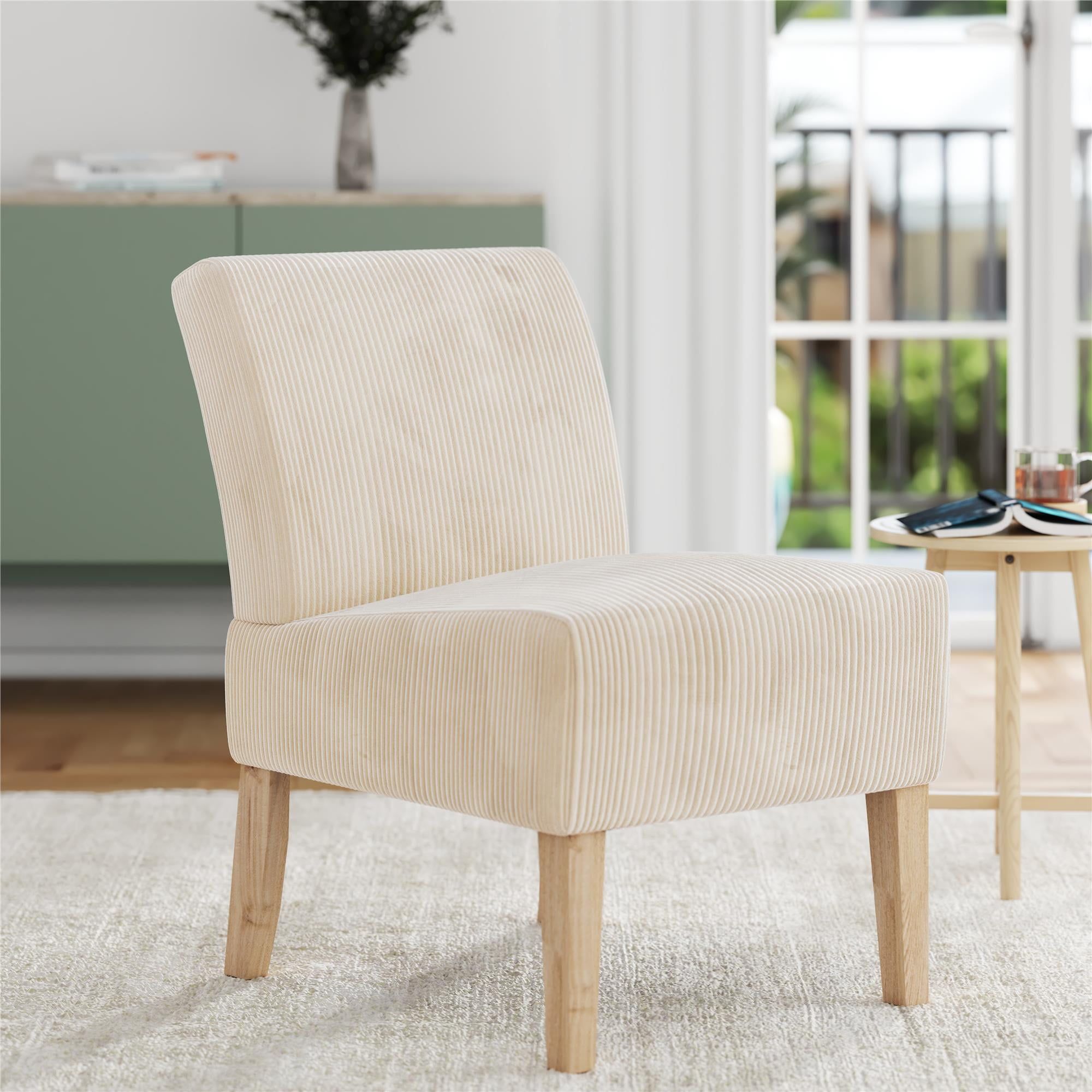 Ivory Corduroy Armless Slipper Chair with Wood Legs