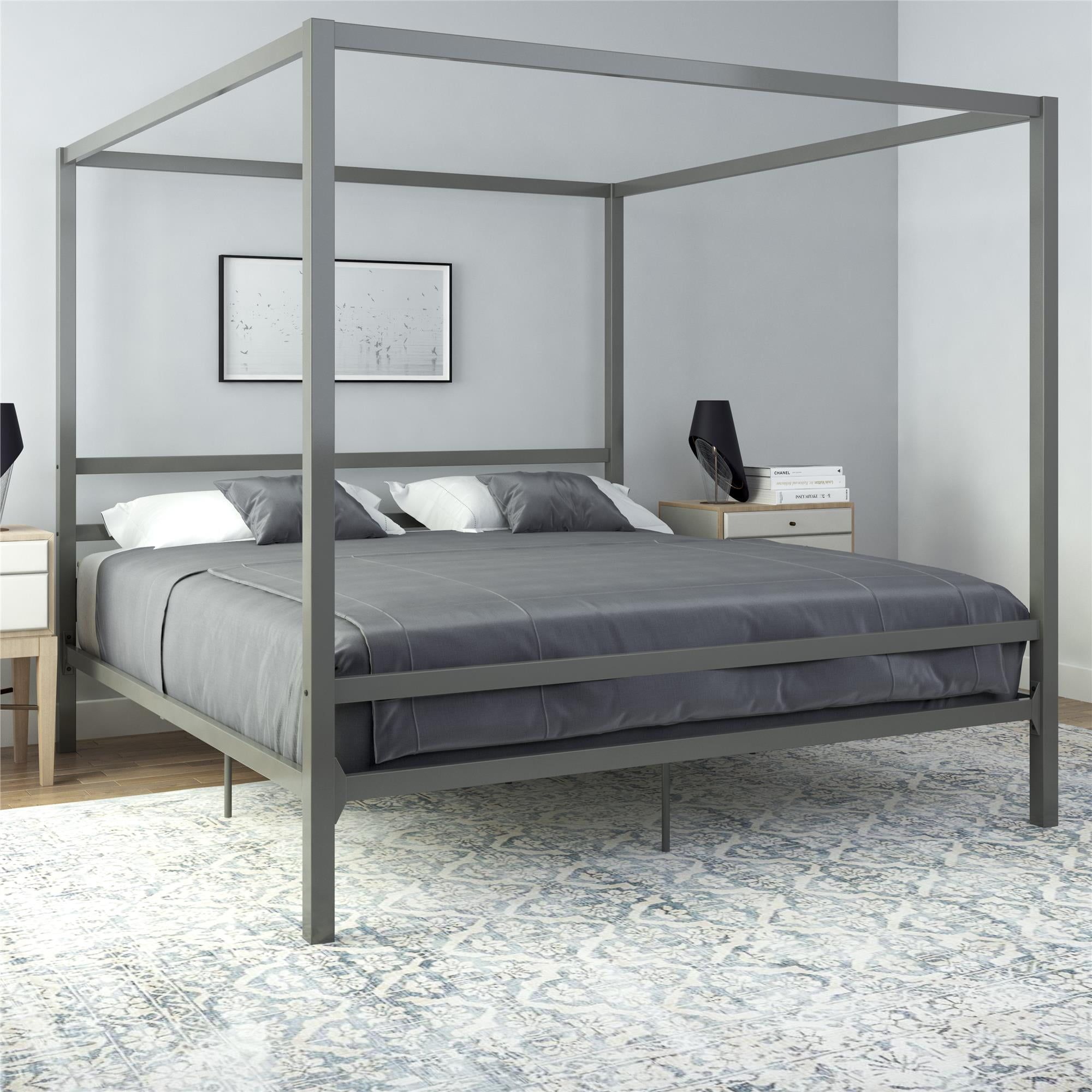 King Size Gunmetal Gray Metal Canopy Bed with Headboard