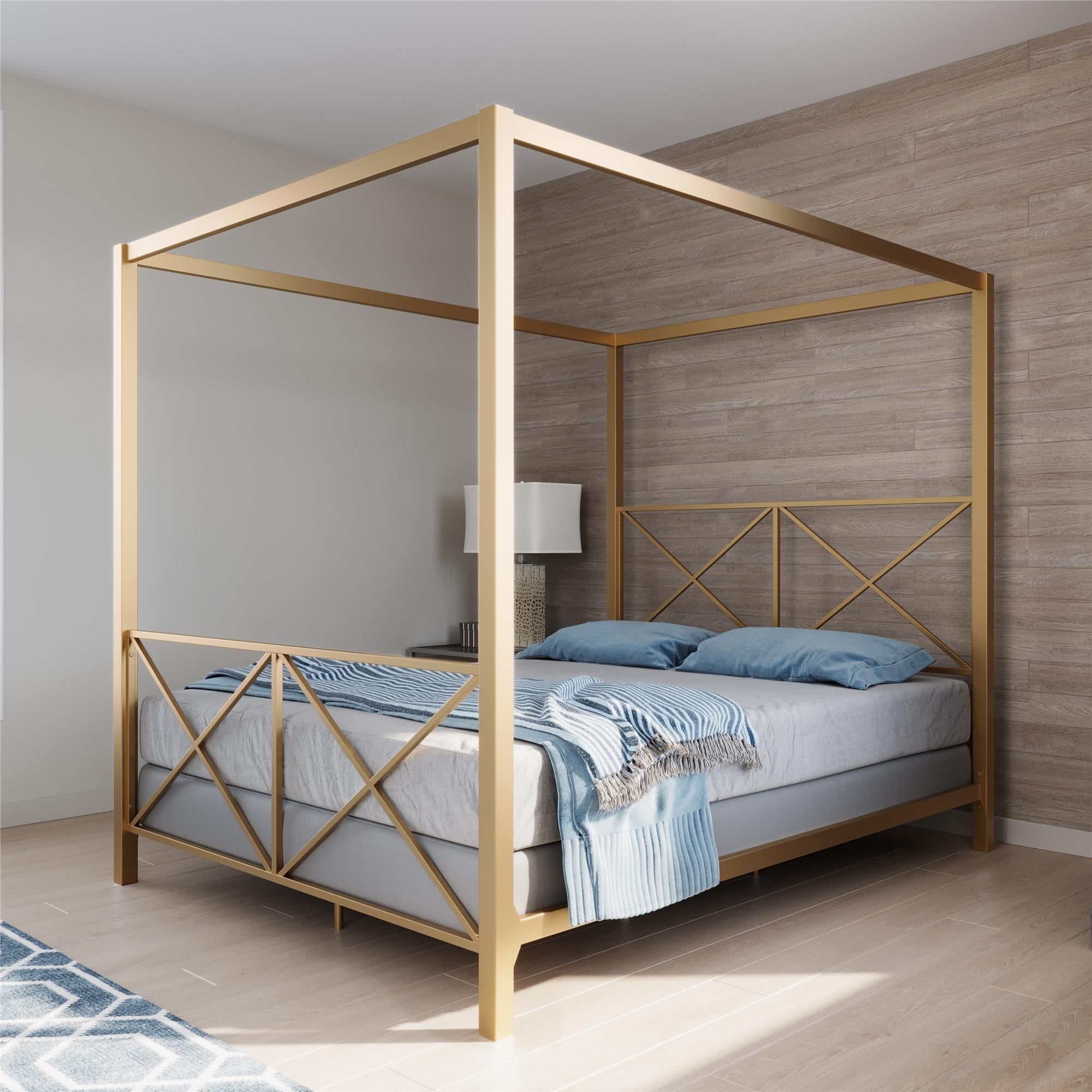 Full Gold Metal Canopy Bed with Geometric Headboard