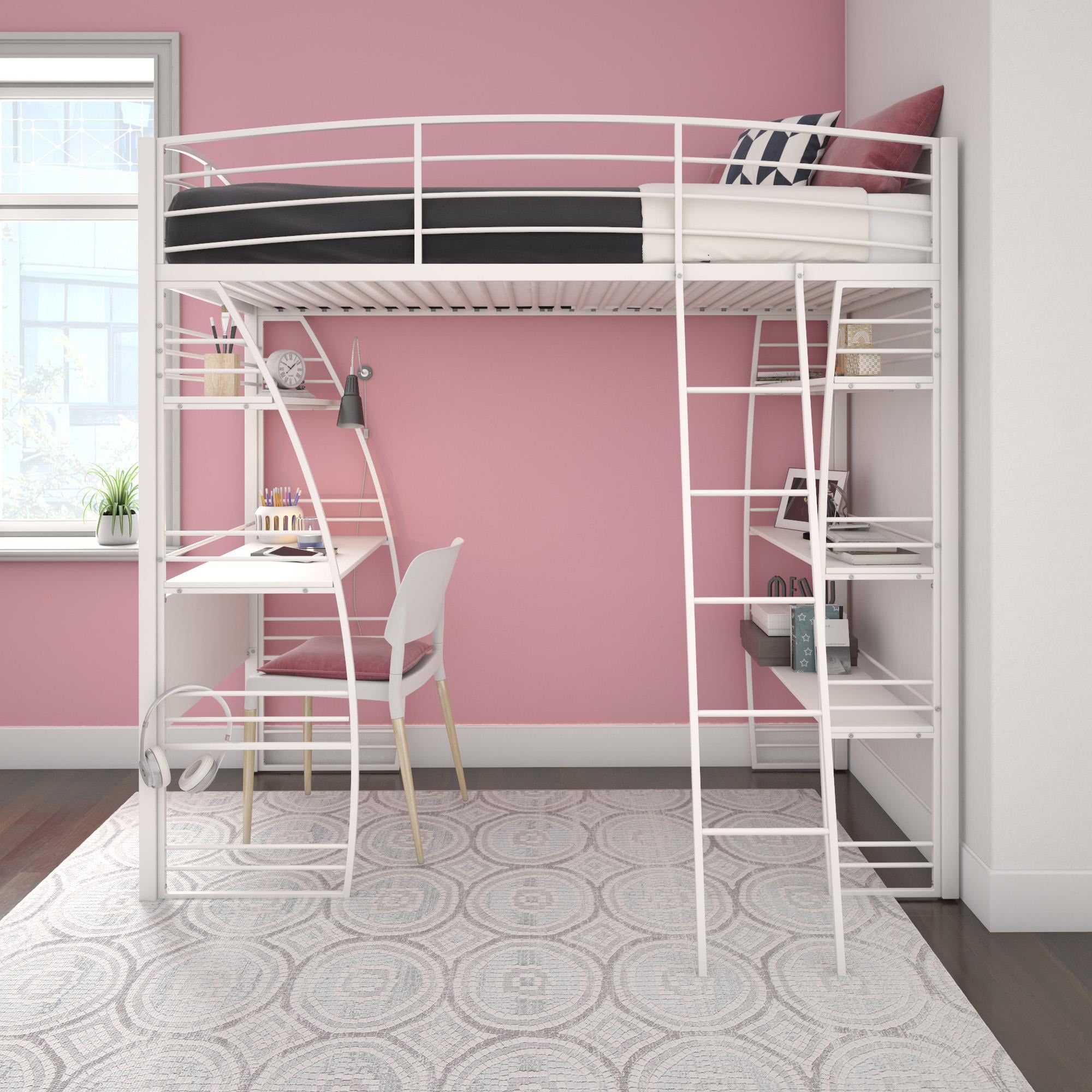 White Twin Metal Loft Bed with Desk and Shelves