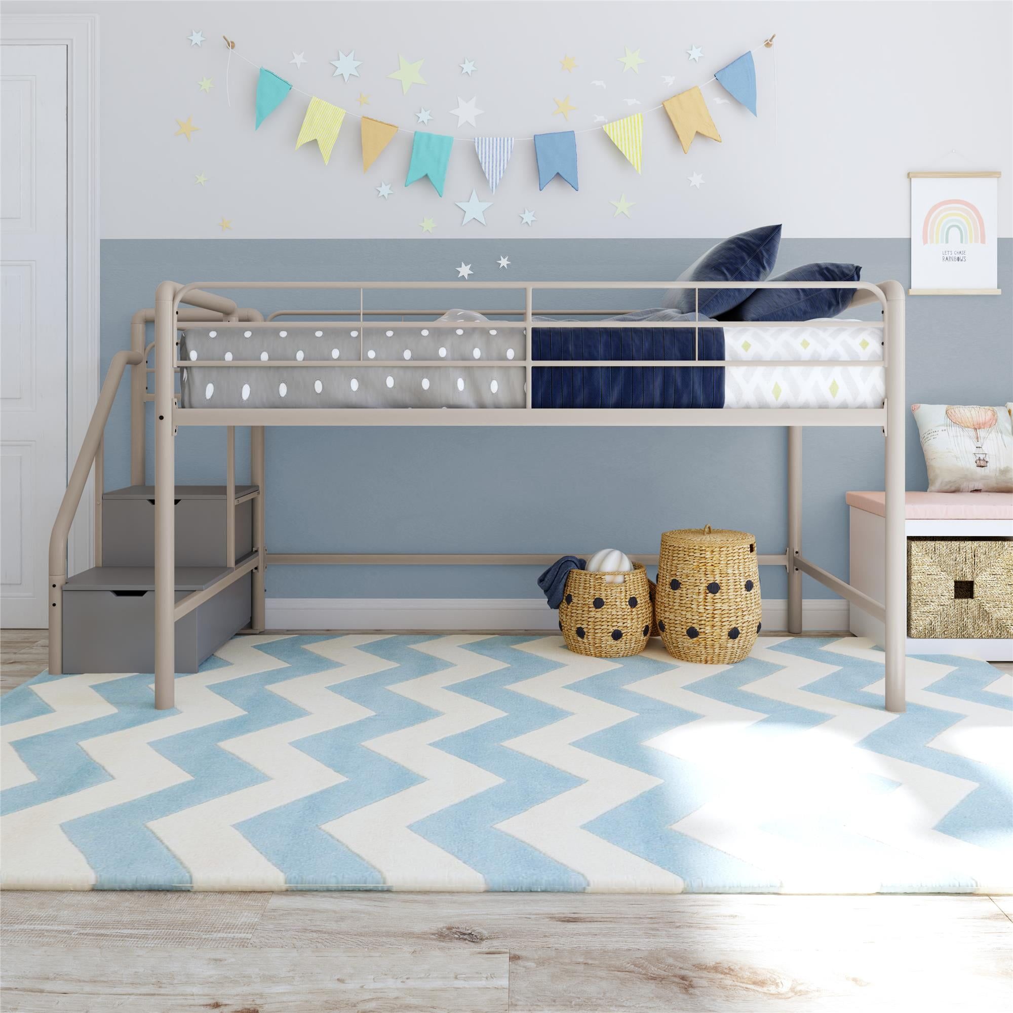 Black Metal Twin Loft Bed with Storage Drawers and Slats