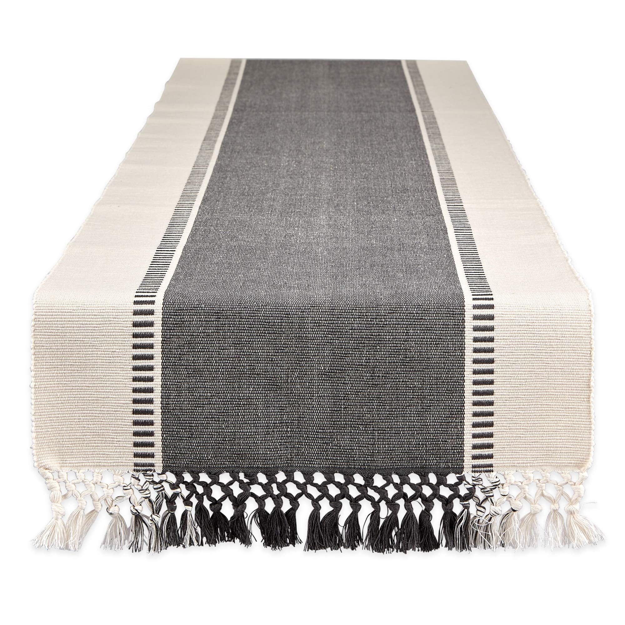 Mineral Gray and Off-White Cotton Dobby Stripe Table Runner, 13x72"