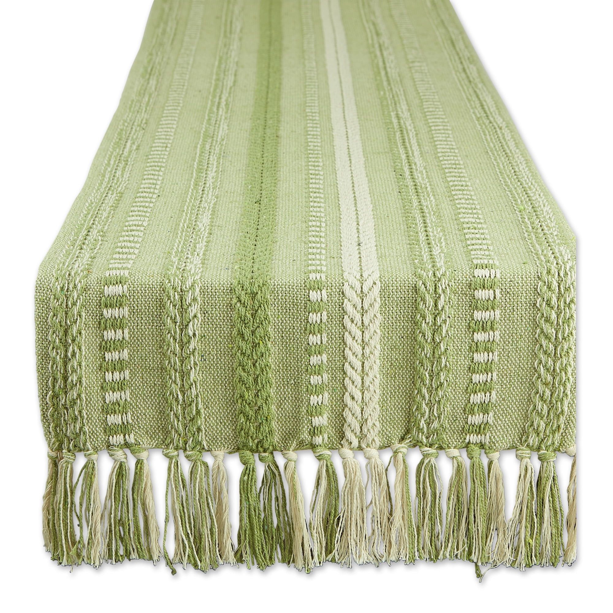 Green and White Cotton Braided Stripe Table Runner with Fringe