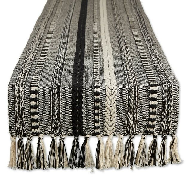 Black and White Cotton Braided Stripe Table Runner with Fringe