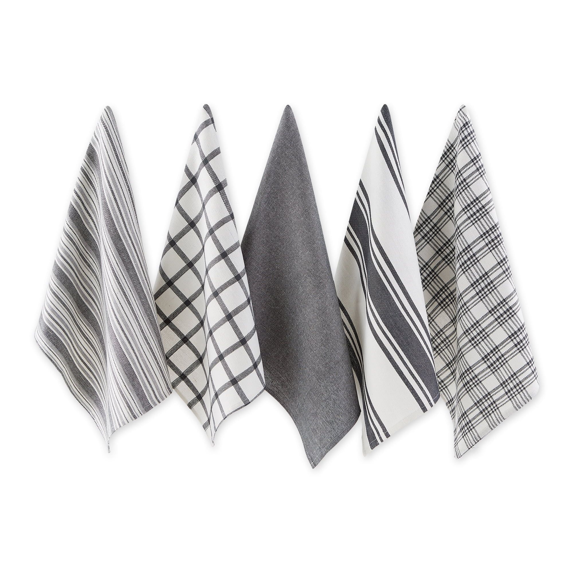 Gray and White Cotton Kitchen Dishtowel Set, 18x28, 5 Piece