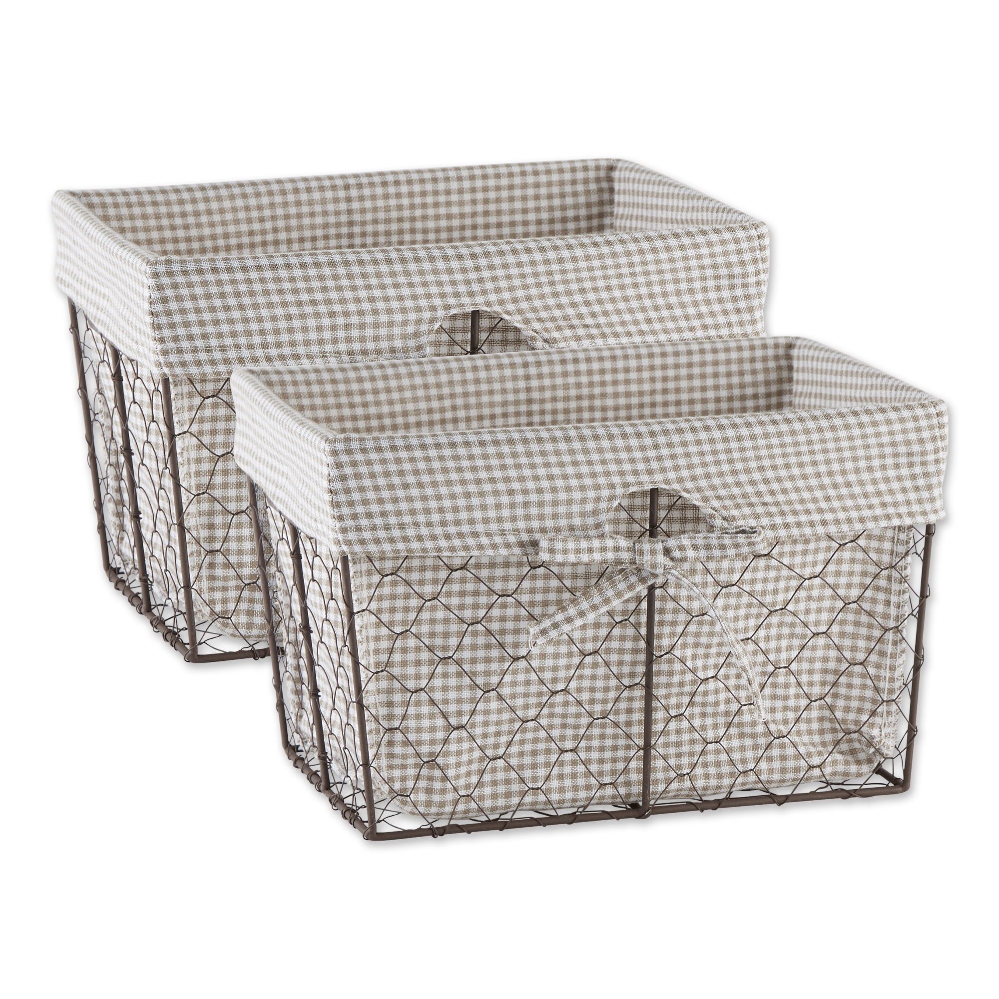 Medium Rustic Stone Gingham Wire Storage Baskets with Liners