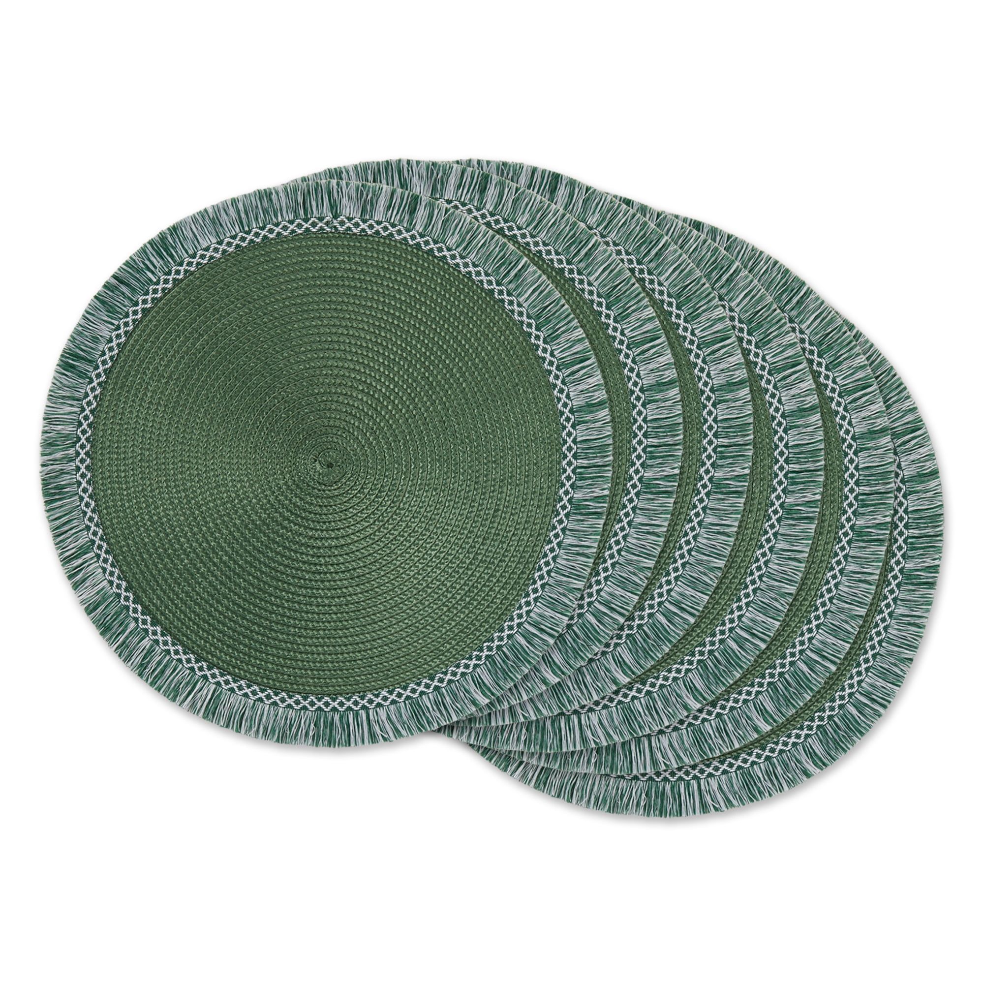 Dark Green Round Vinyl Fringed Placemats, Set of 6