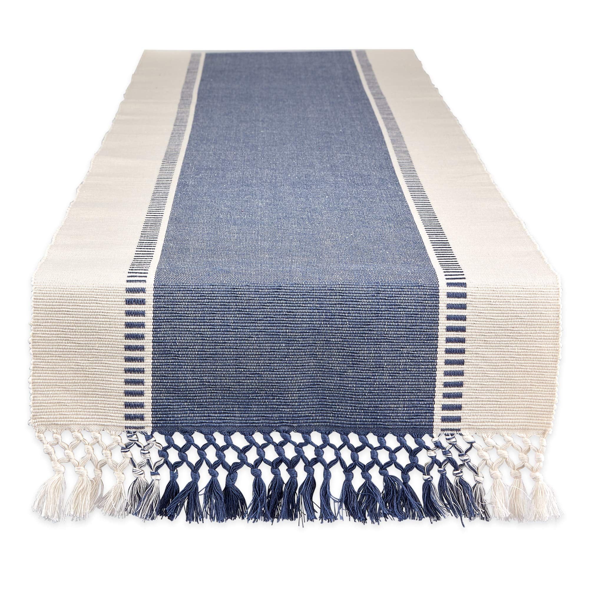 Blue and White Cotton Woven Tassel Table Runner