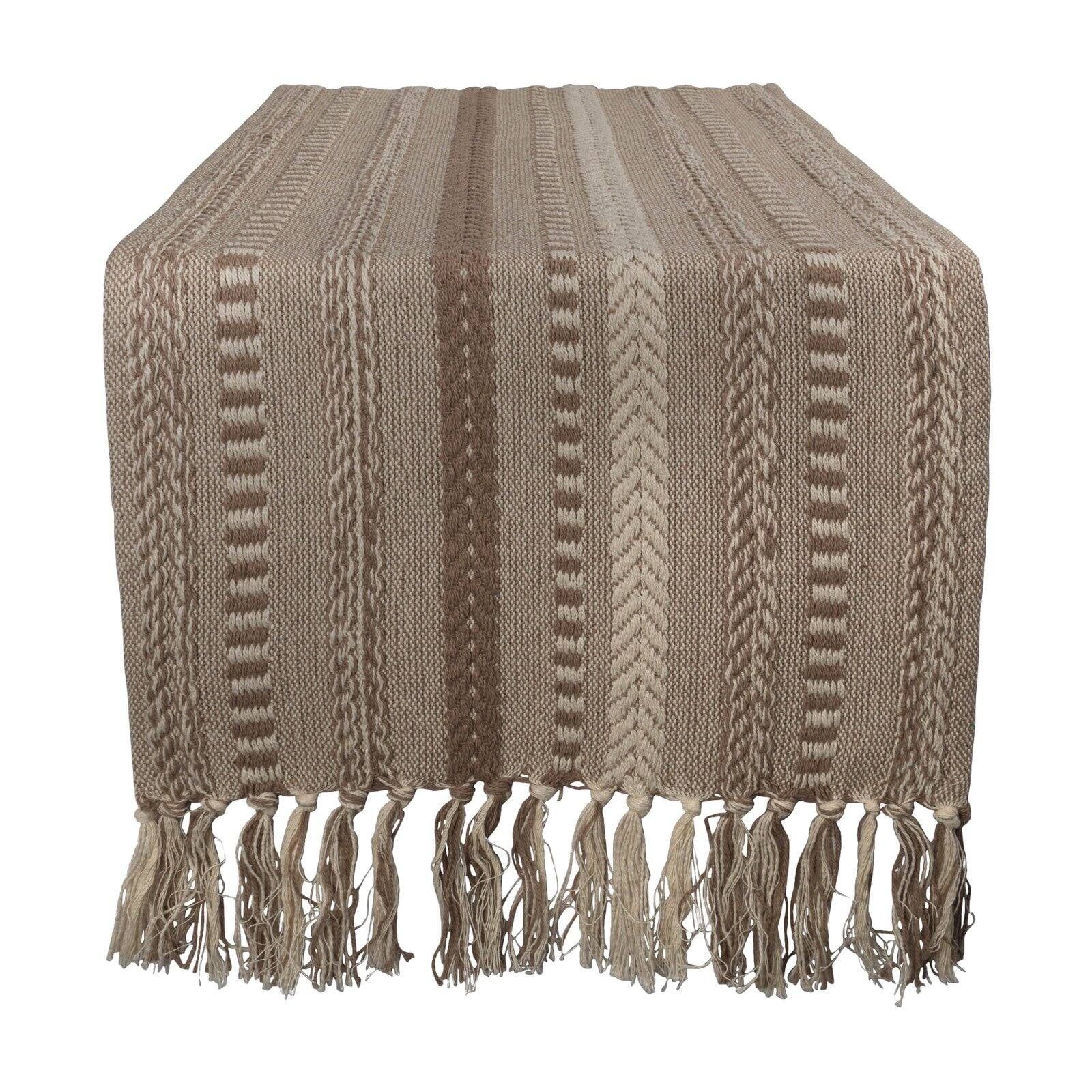 Stone Braided Cotton Striped Table Runner with Fringe, 15x77