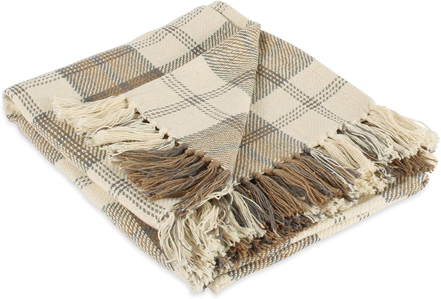 Stone Plaid Cotton Throw Blanket with Fringe, 50x60