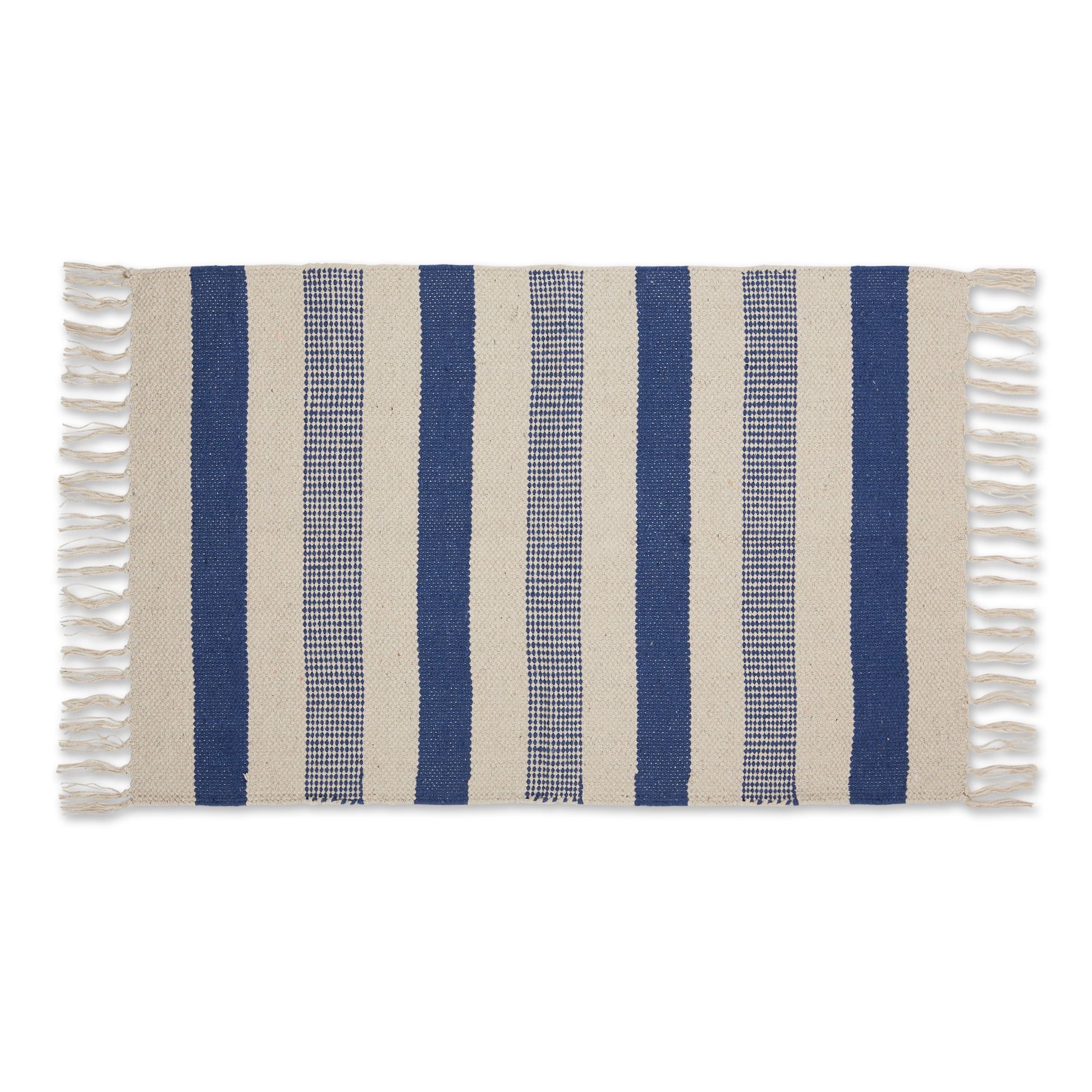 French Blue Striped Hand-Loomed Cotton Rug 24x36 Inch