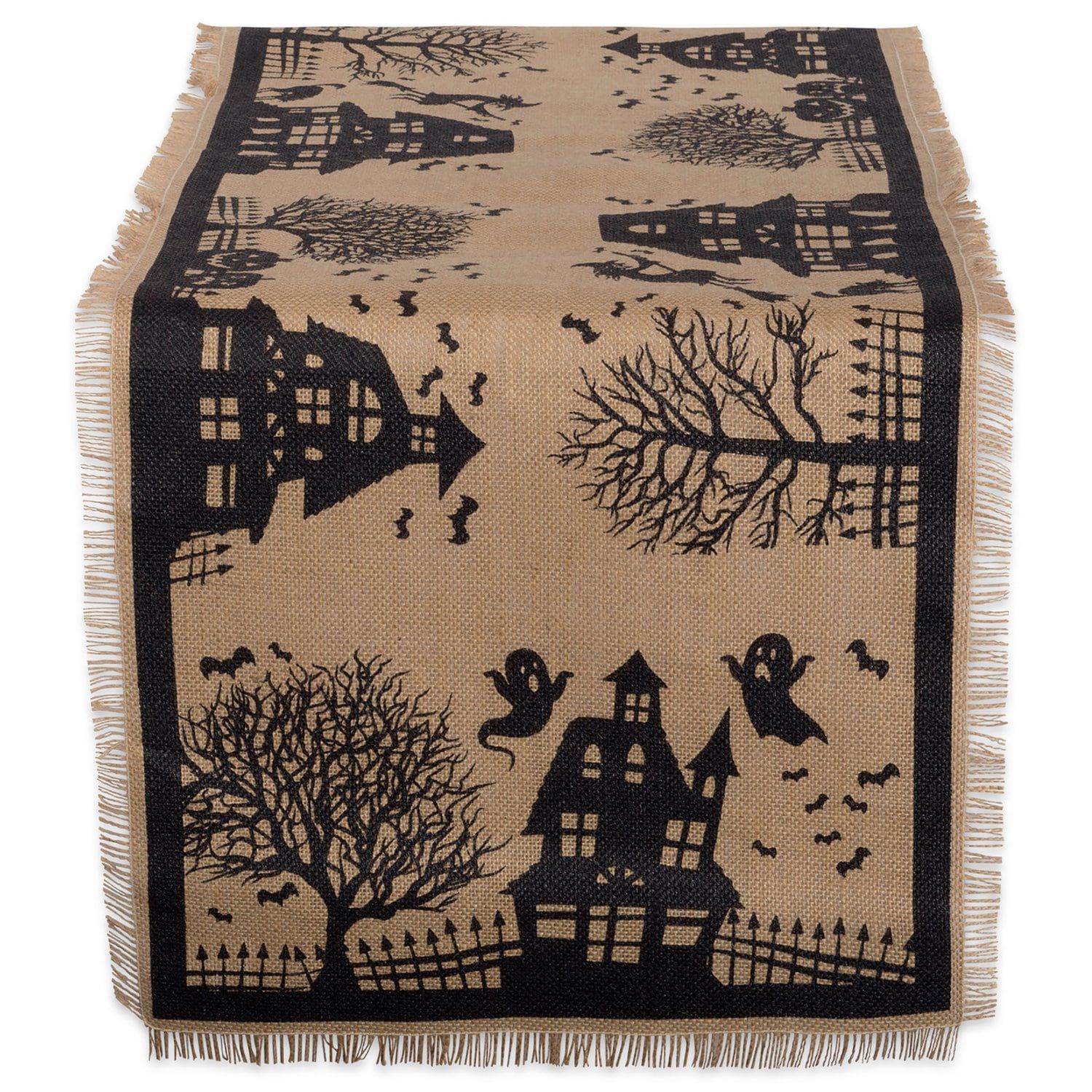 Rustic Jute Haunted House Table Runner with Fringe