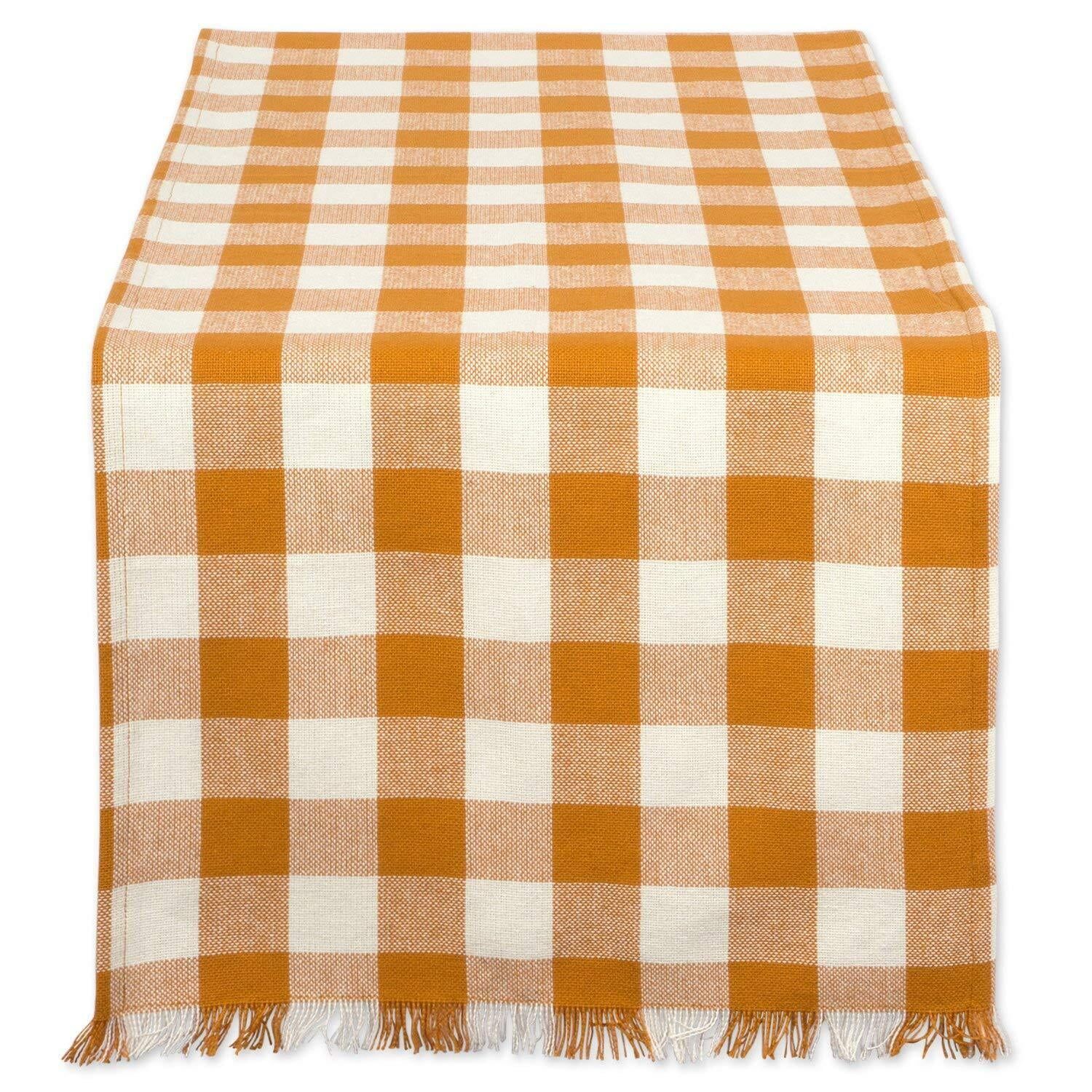 Pumpkin Spice Checkered Cotton Table Runner with Fringe 14x108