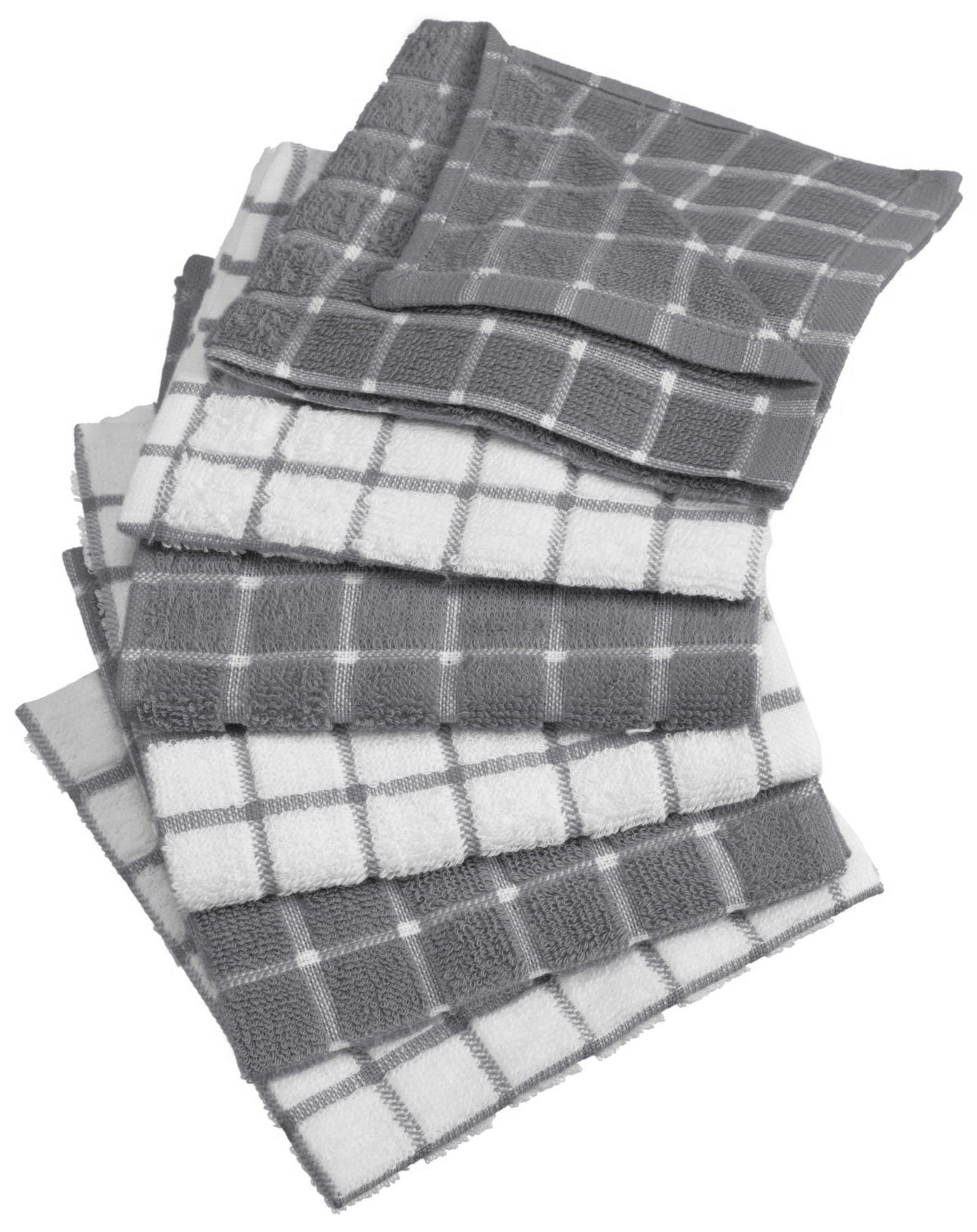 Gray and White Cotton Terry Windowpane Dishcloth Set, 12x12, 6 Piece