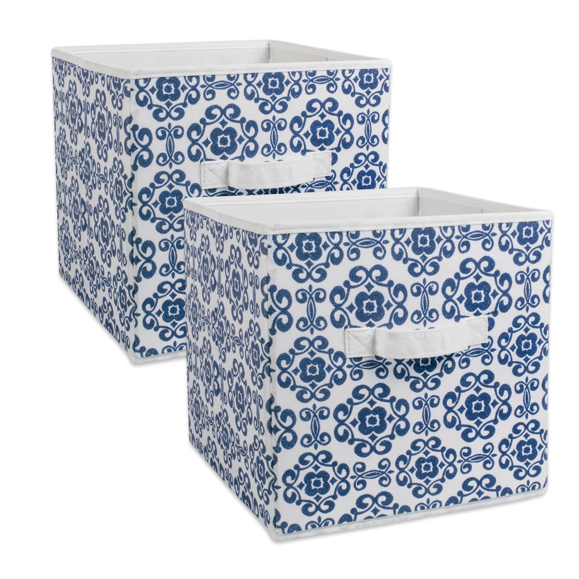 Nautical Blue Floral Motif Foldable Fabric Storage Cubes, Set of 2