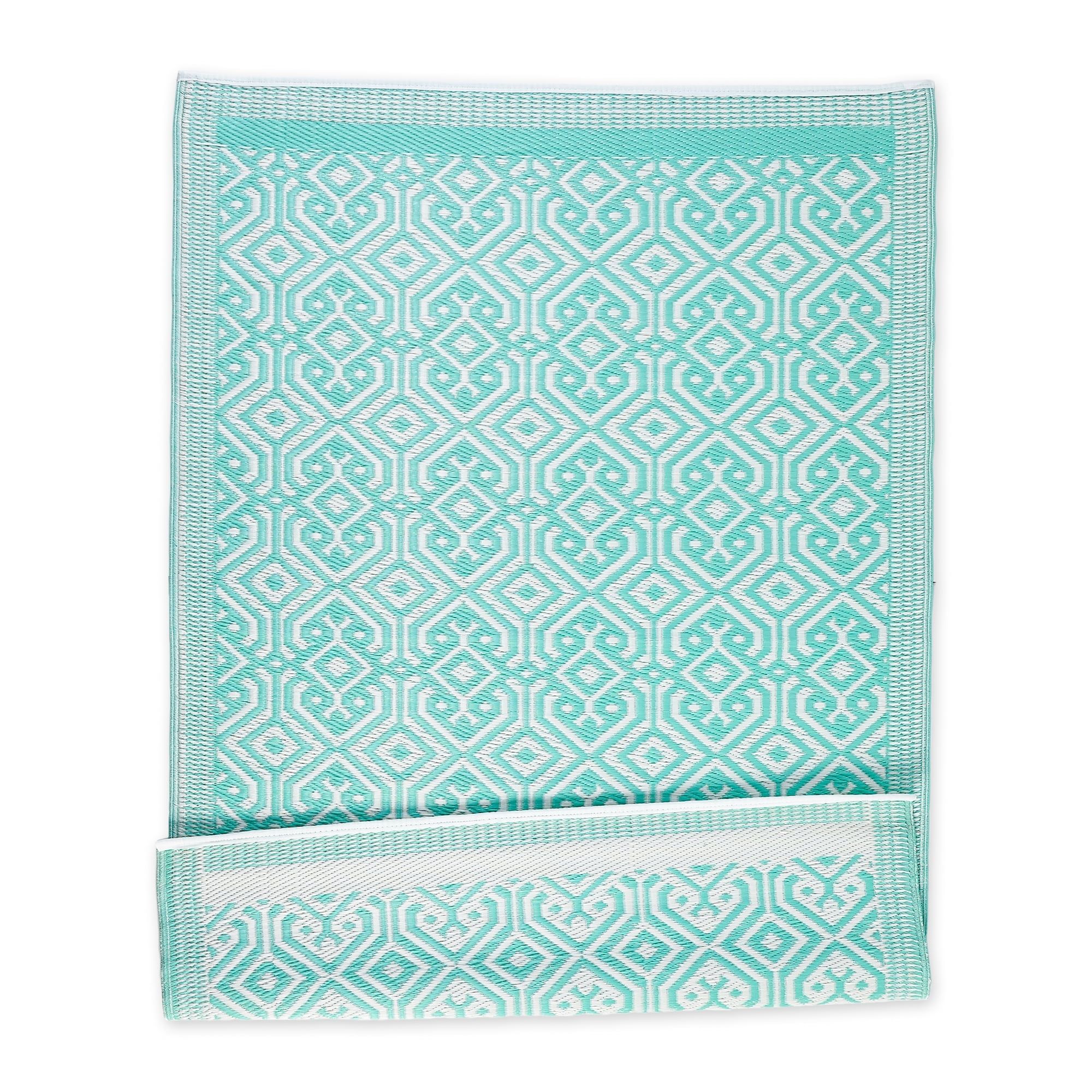 Aqua Geometric Reversible Synthetic Outdoor Rug 4' x 6'