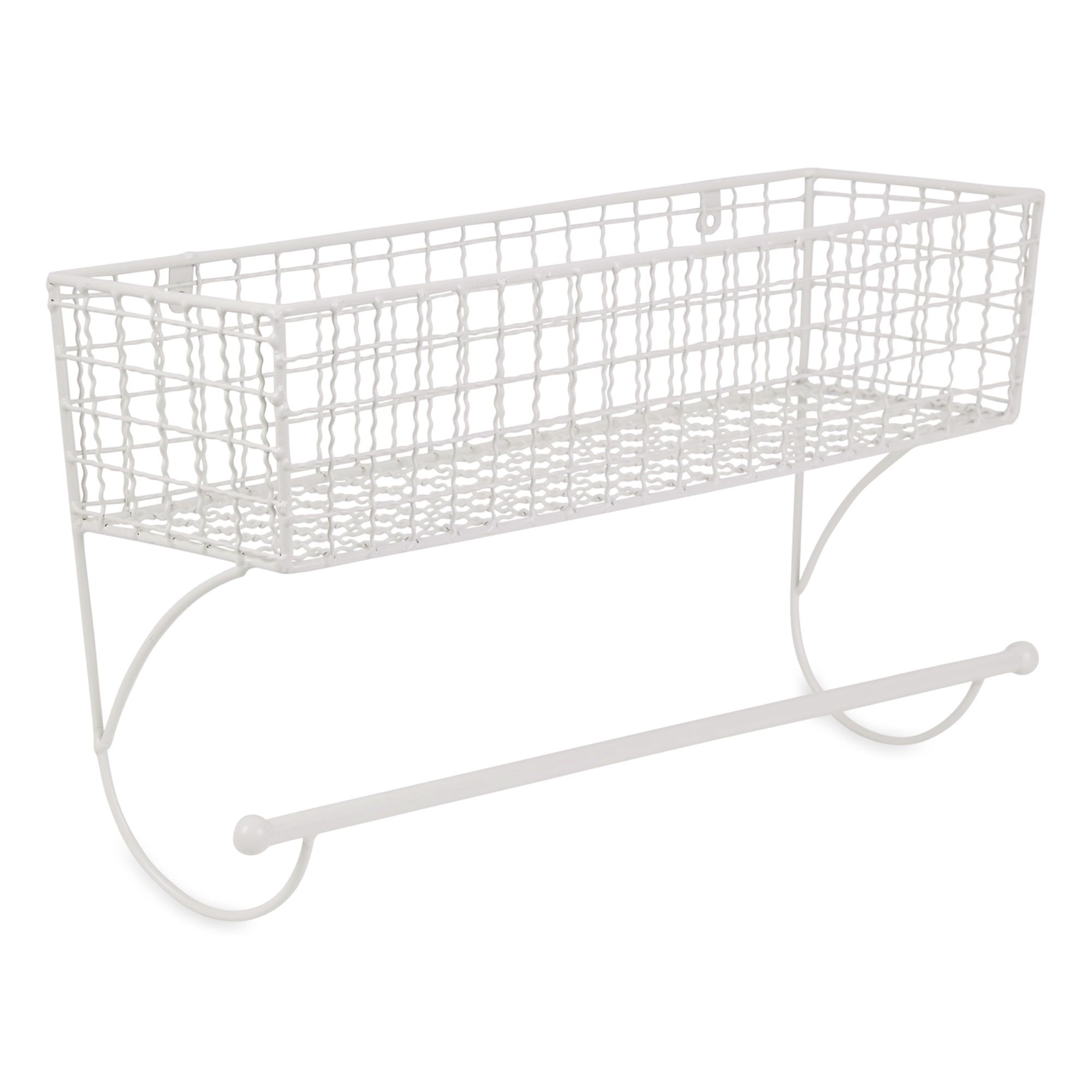 Antique White Metal Wall-Mounted Towel Rack with Storage Basket