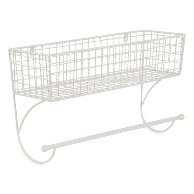 Antique White Metal Wall-Mounted Towel Rack with Storage Basket