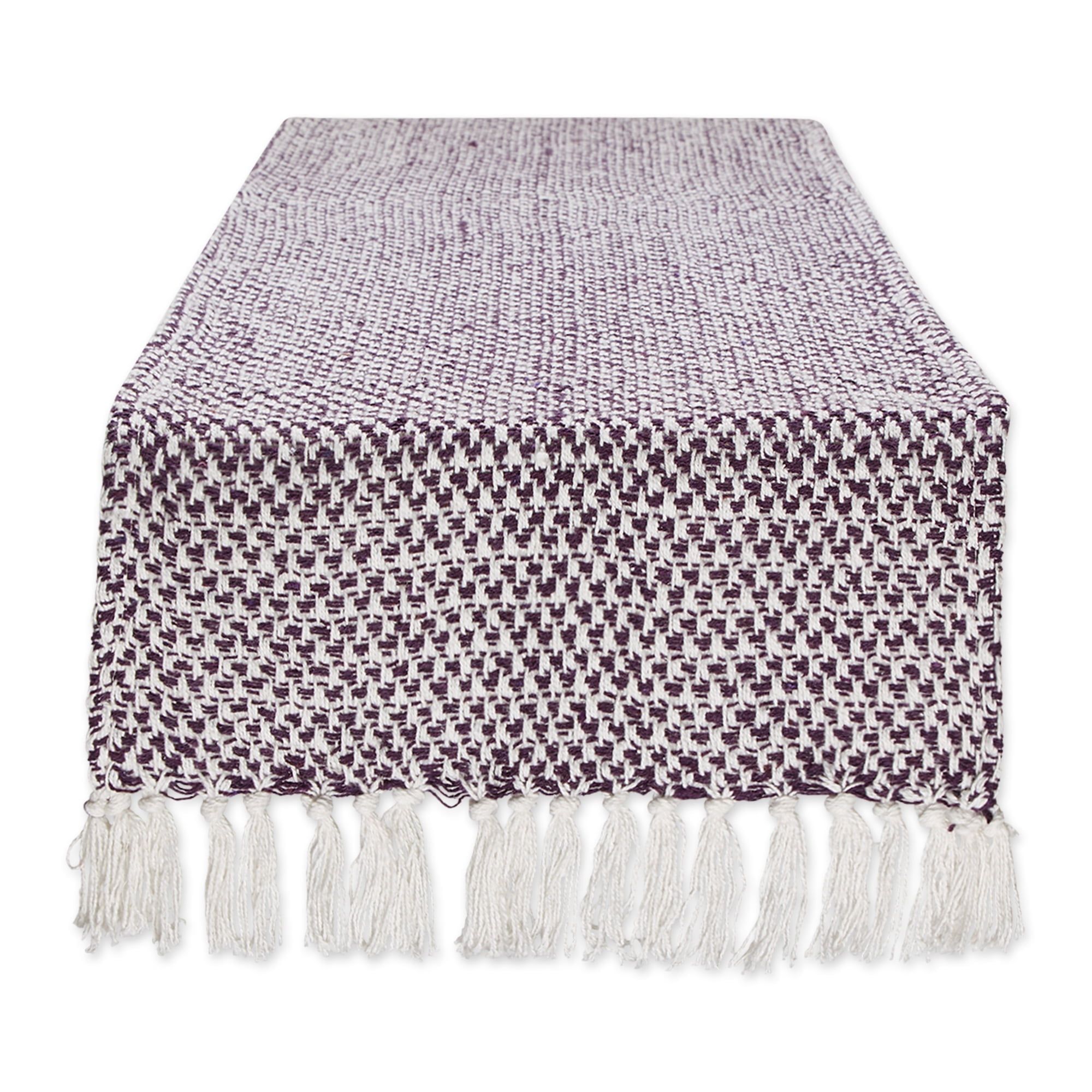 Eggplant and White Cotton Knit Table Runner with Fringed Edges, 15" x 72"