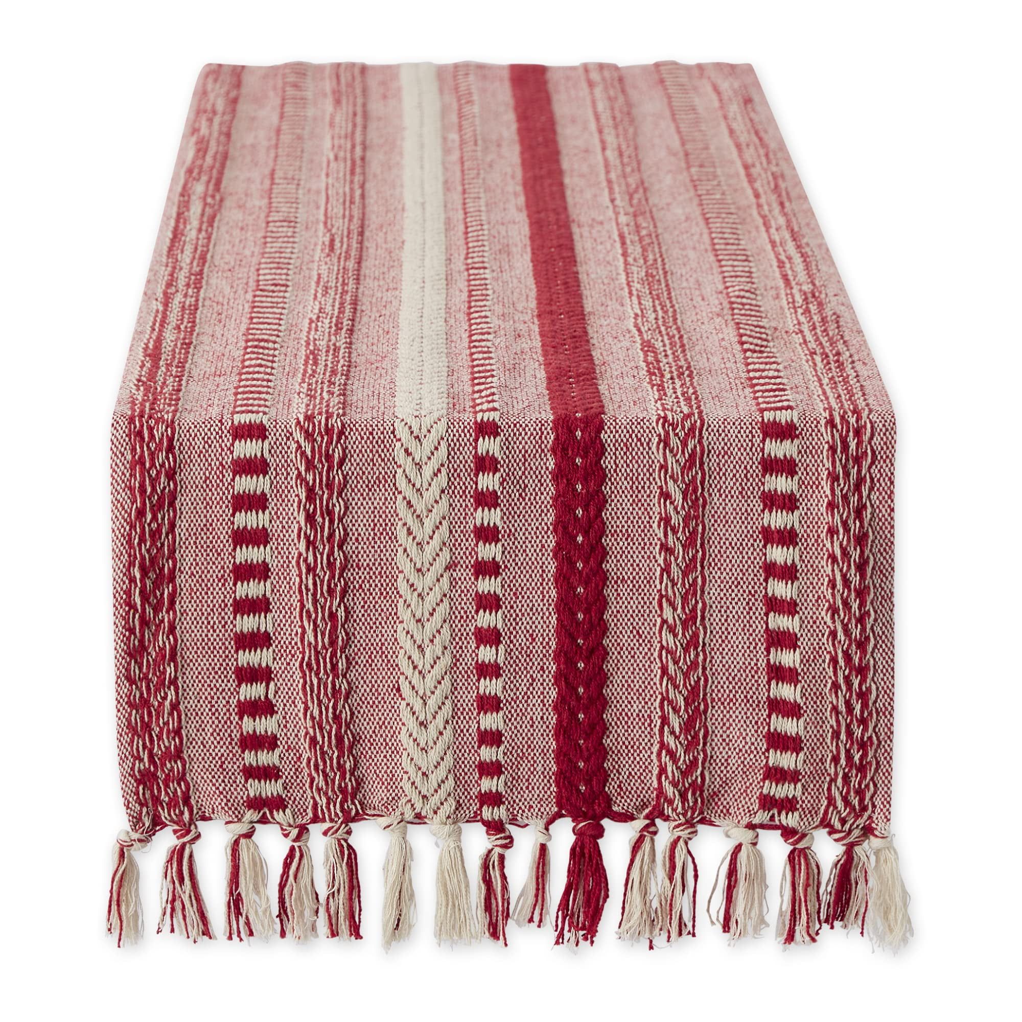 Wine and Off-White Braided Cotton Table Runner with Fringe, 15x108