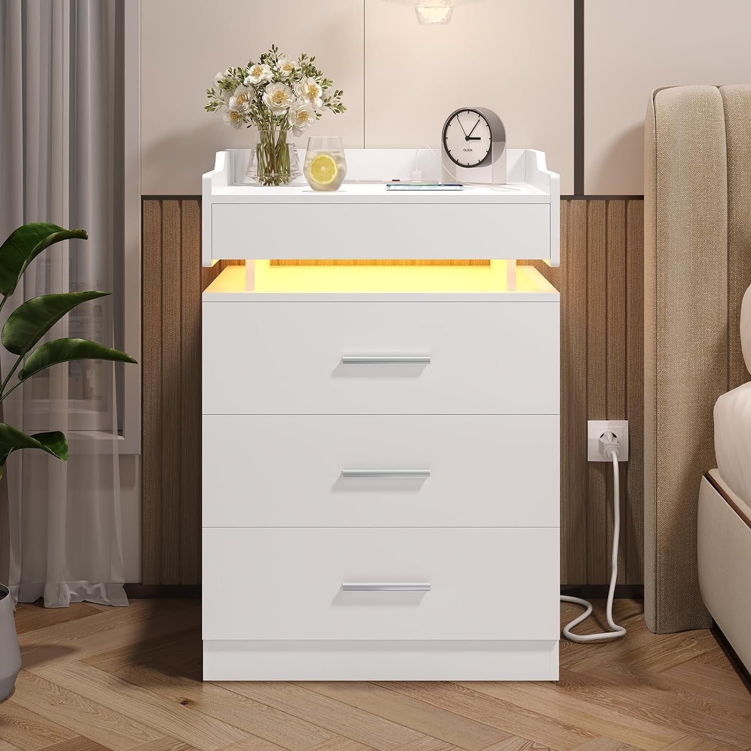 White 3-Drawer Nightstand with Charging Station and LED Lights