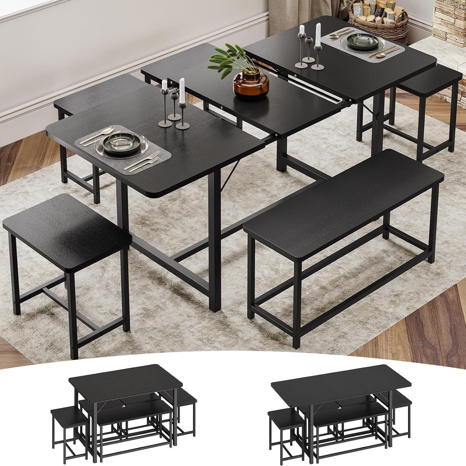 Noir Black Extendable Dining Table Set with Bench and Stools