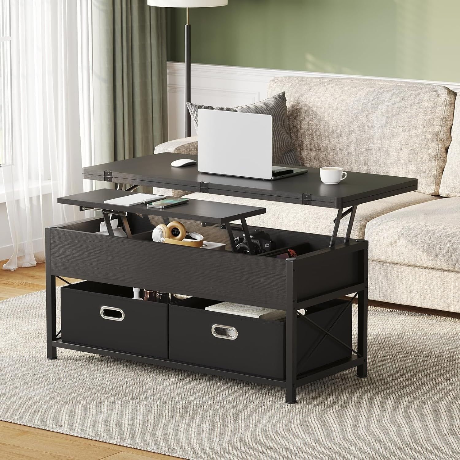 Black Square Lift-Top Coffee Table with Storage and Drawers