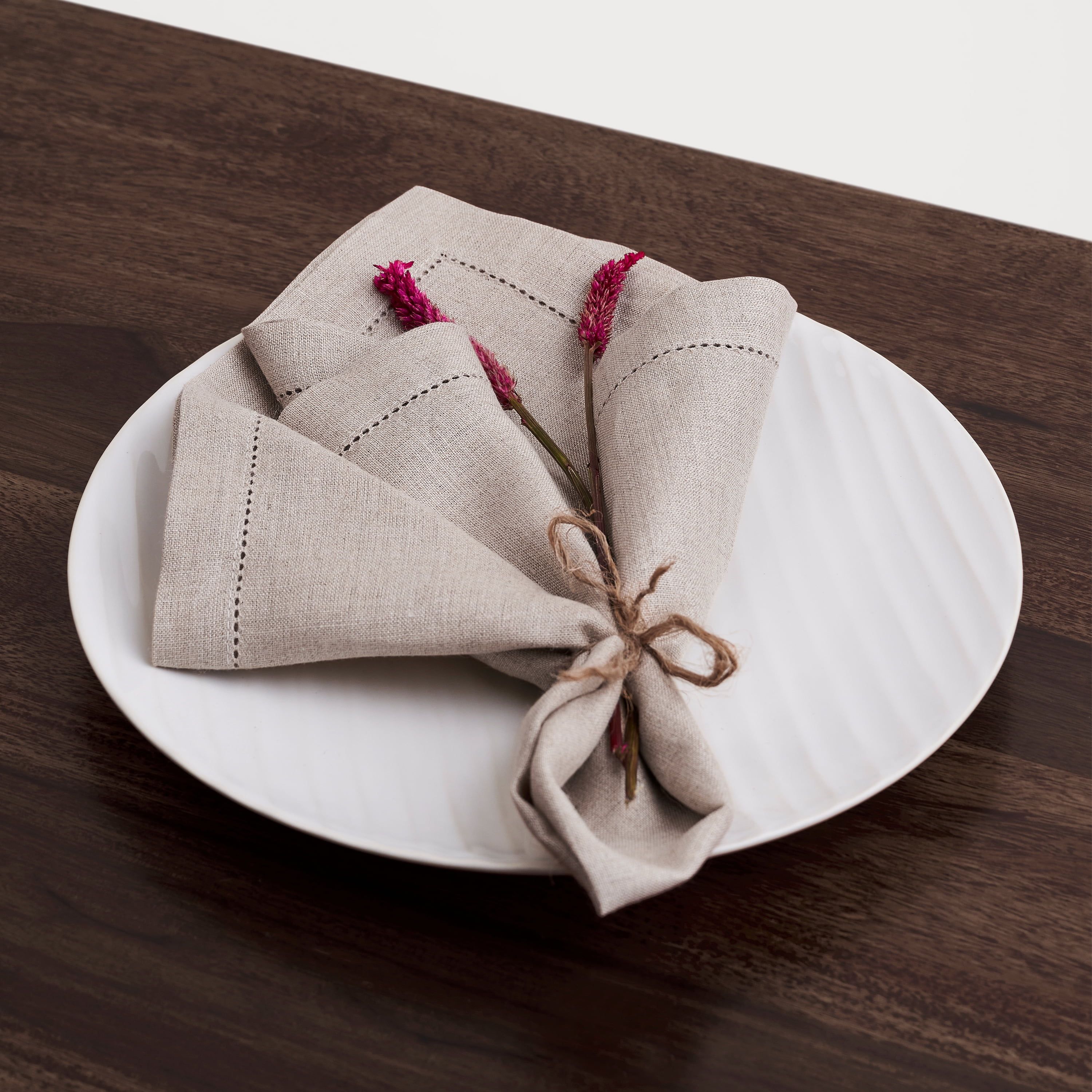 Natural Linen Hemstitch 20 x 20 Inch Dinner Napkins, Set of 4