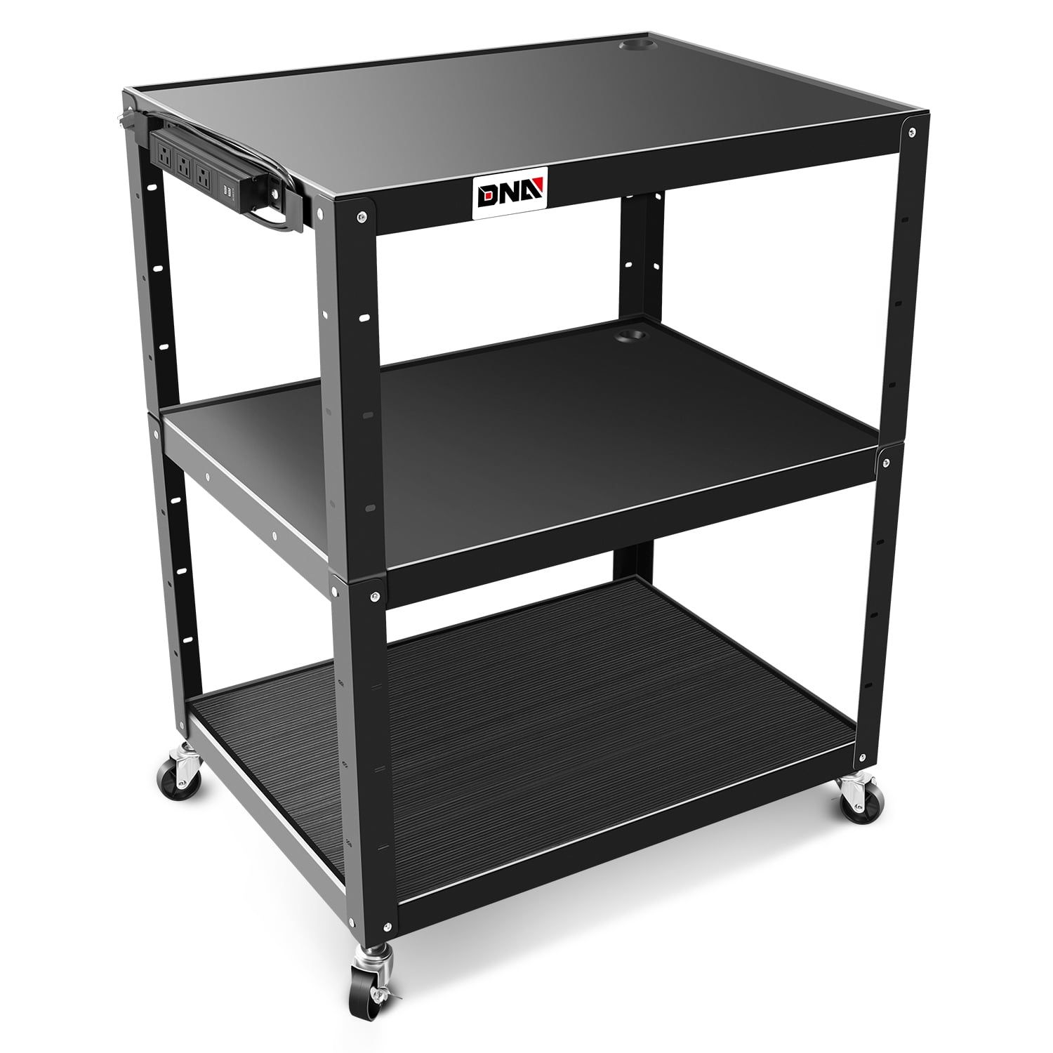 Adjustable Black Steel 3-Shelf Rolling Utility AV Cart