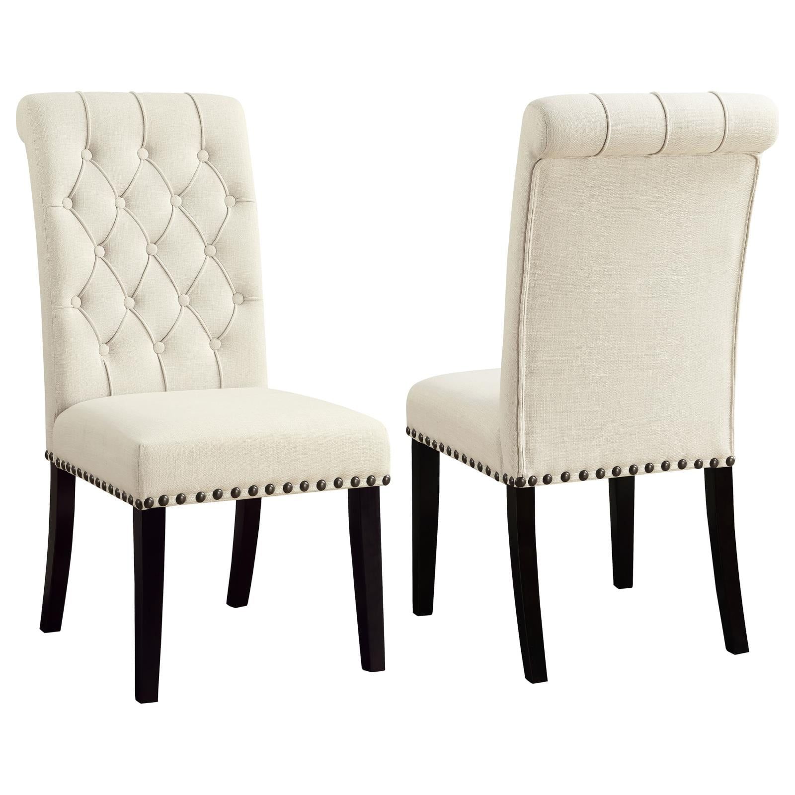 Beige Linen Tufted Upholstered Side Chair with Wood Legs