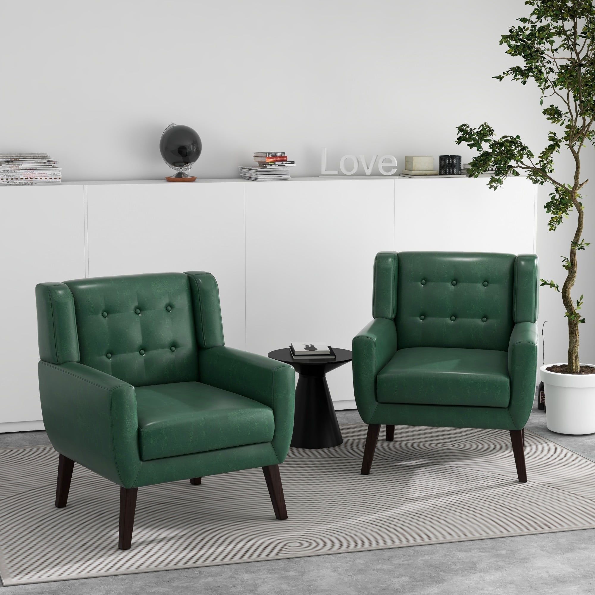 Green Faux Leather Barrel Accent Chair with Wood Legs, Set of 2