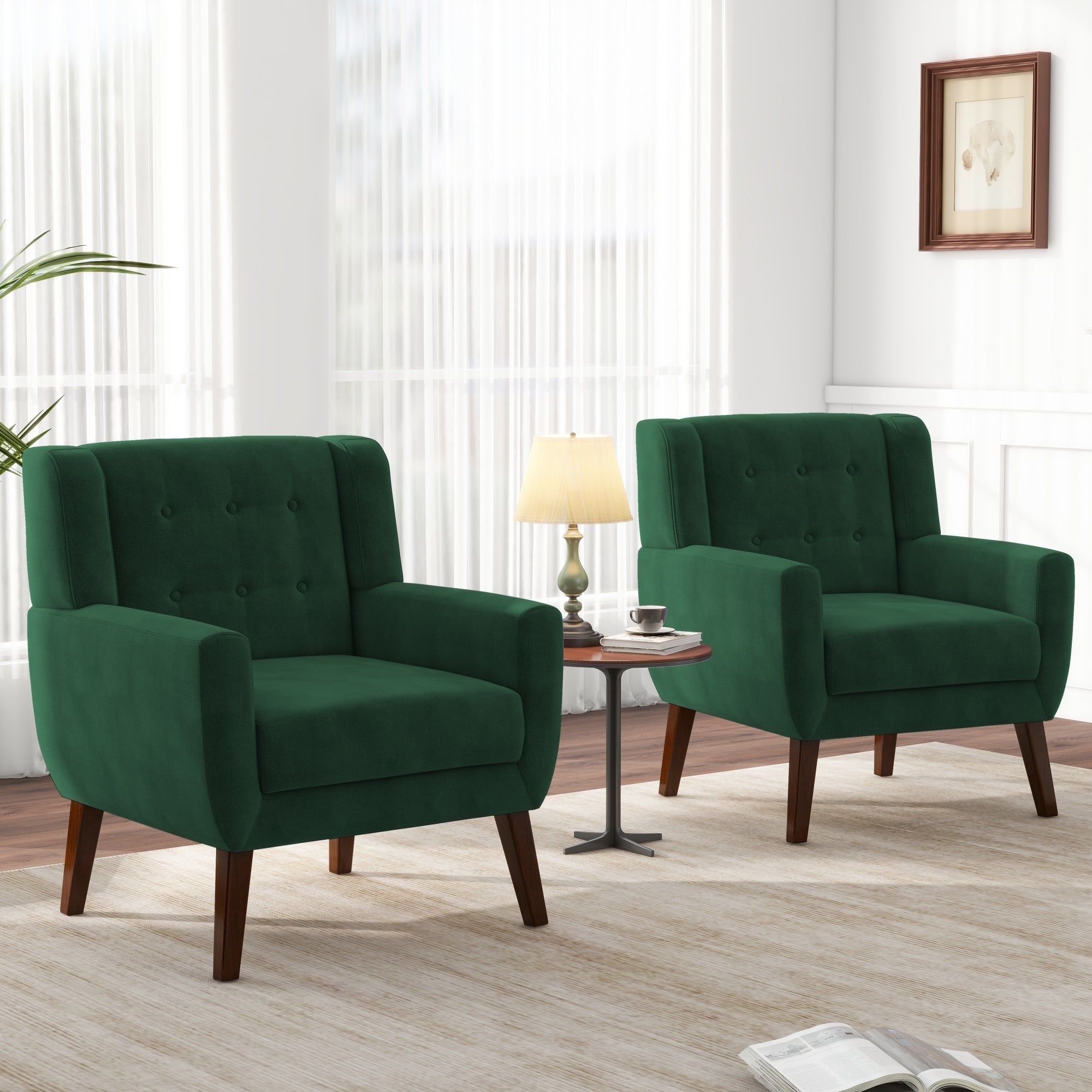 Retro Green Velvet Accent Chairs with Wooden Legs, Set of 2