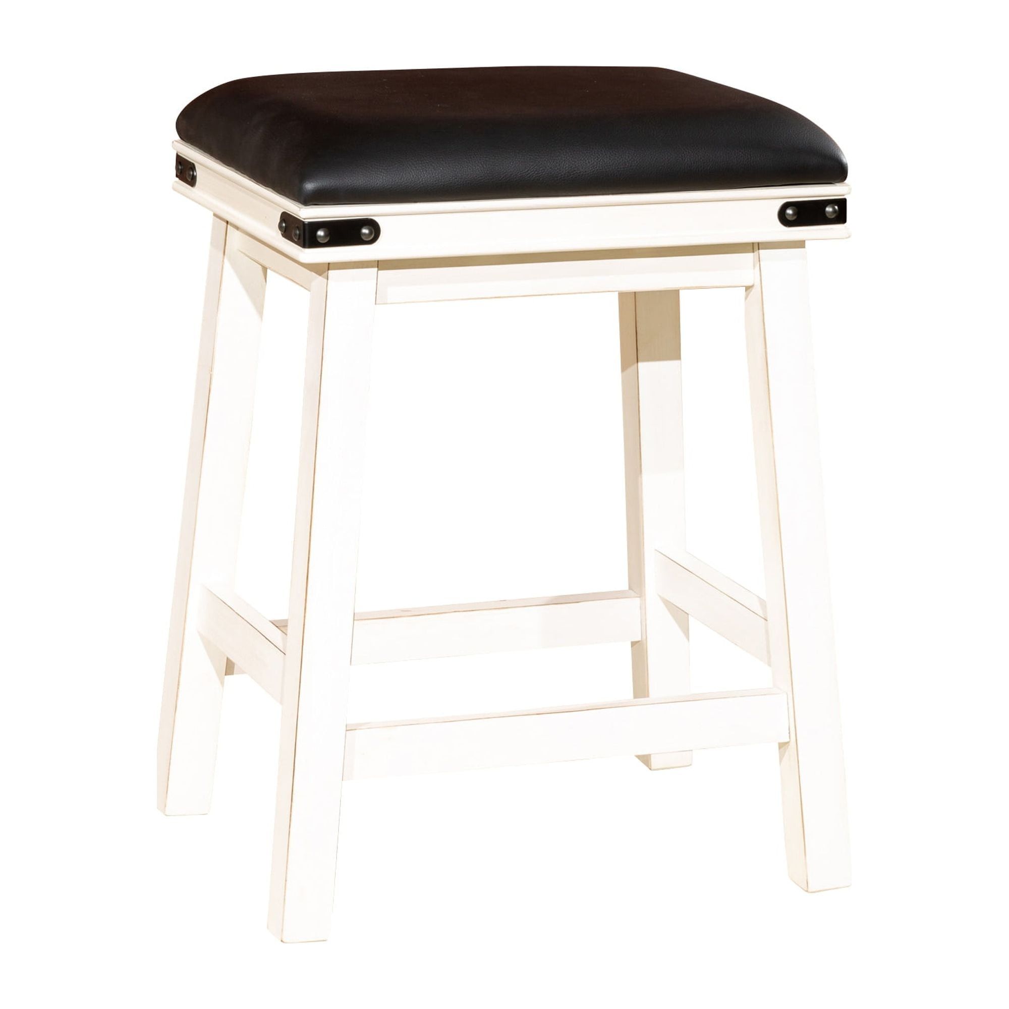 Antique White Wood Counter Stool with Black Leather Seat