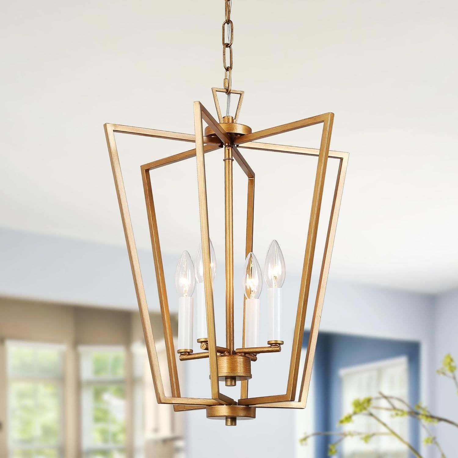 Modern Brushed Gold 4-Light Lantern Chandelier with Crystal Embellishments