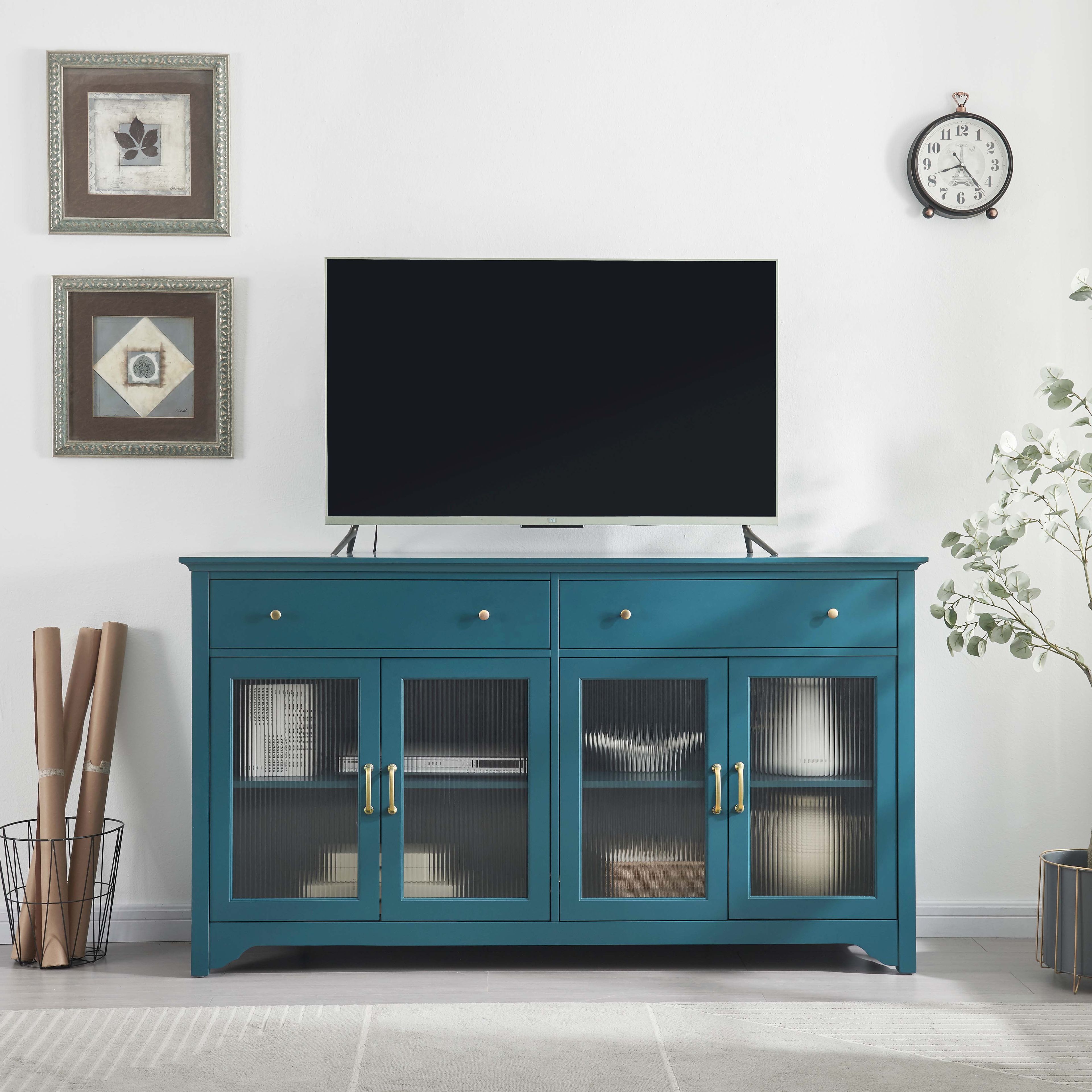 Teal Blue 65" MDF TV Console with Glass Doors