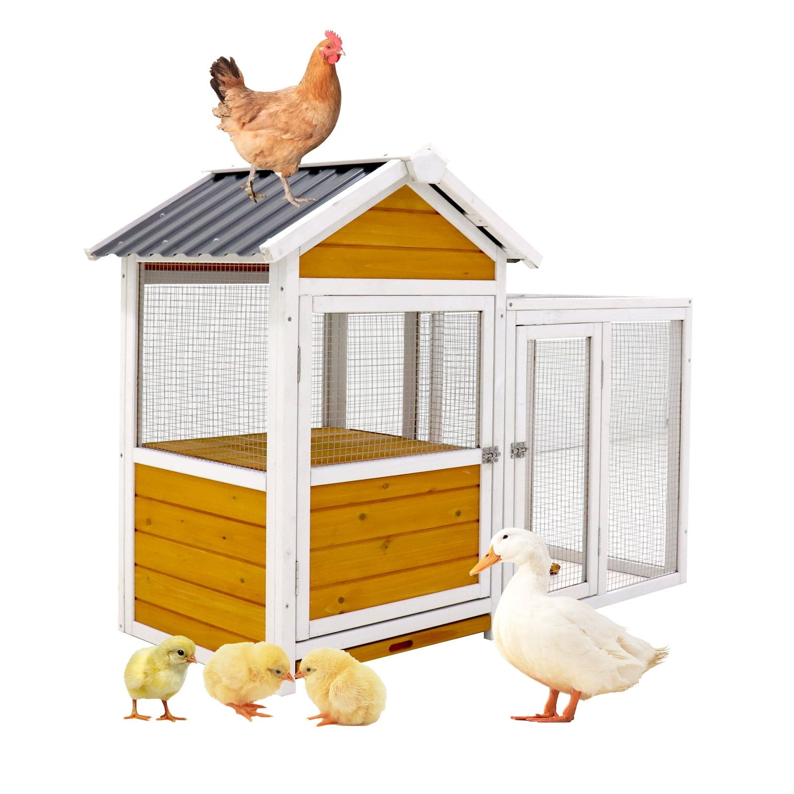 Large Yellow and White Wooden Duck and Chicken Coop